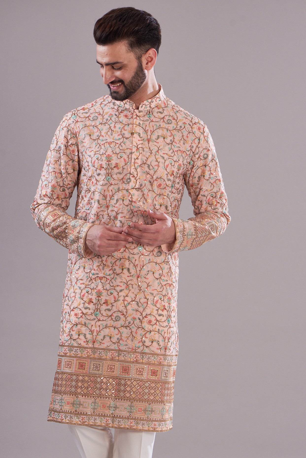 Stylish Peach Embroidered Kurta with Intricate Border - Perfect for Festivals, Weddings & Casual Wear