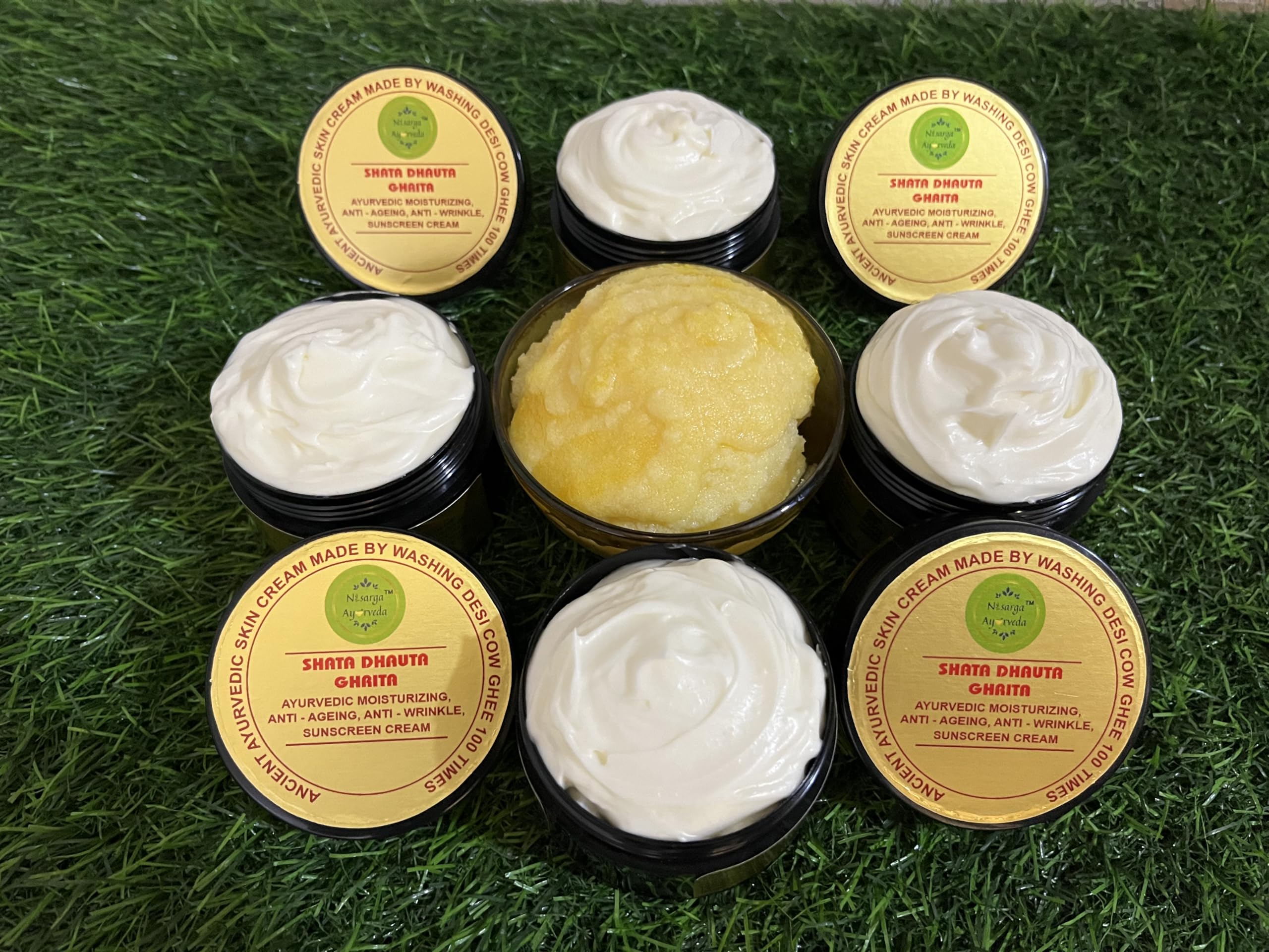 Shata Dhouta Ghrita 100 Times Washed Cow Ghee Face Cream - Daily Moisturizer with Sunscreen, Anti-Aging & Anti-Wrinkle Benefits for Face & Skin Care - Pack of 4 (40g x 4) - Perfect for Daily Skincare Routine & Natural Anti-Aging Treatment
