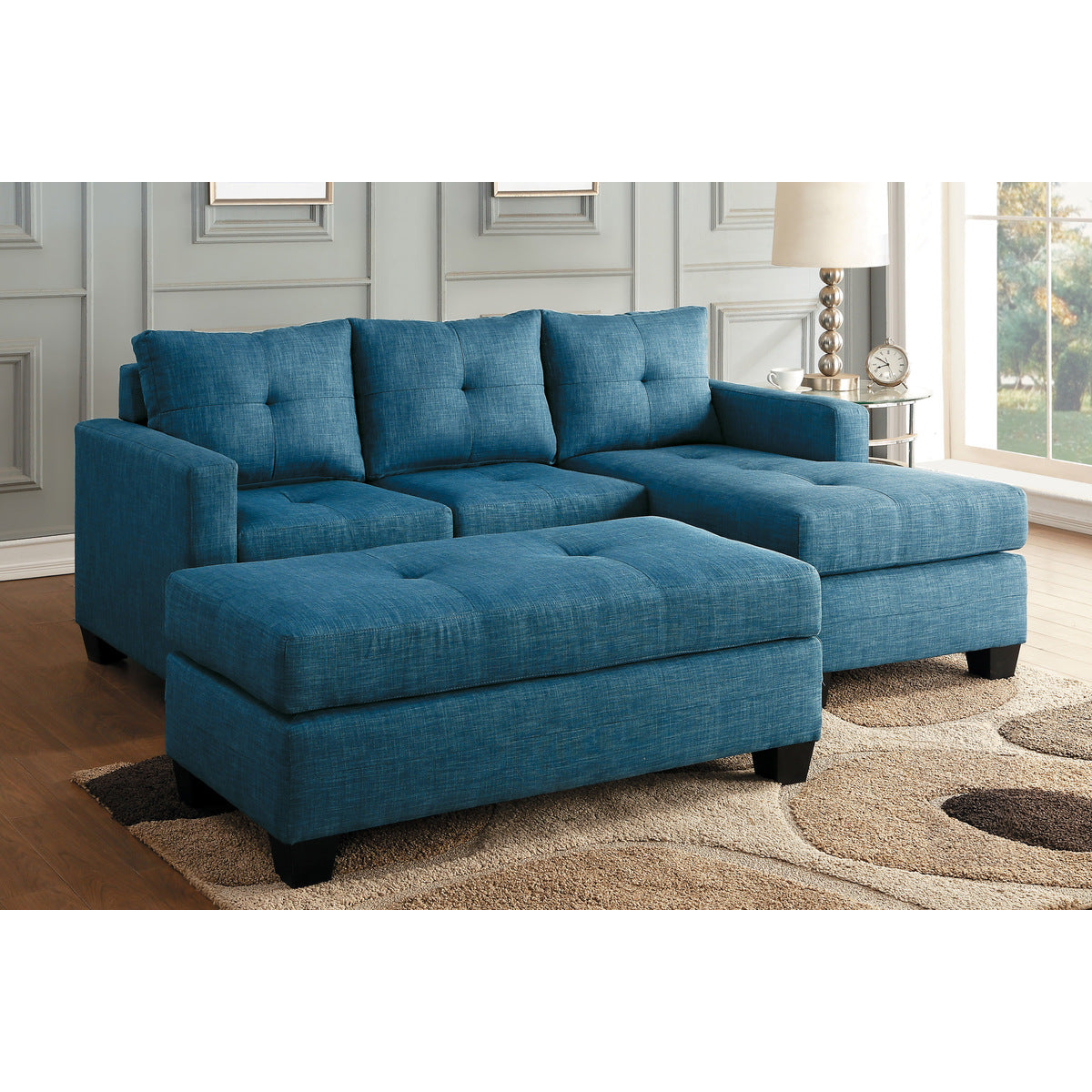 Reversible Blue Sofa Chaise Lounge with Textured Fabric & Faux Wood Legs - Perfect for Living Room, Bedroom, or Home Office Relaxation