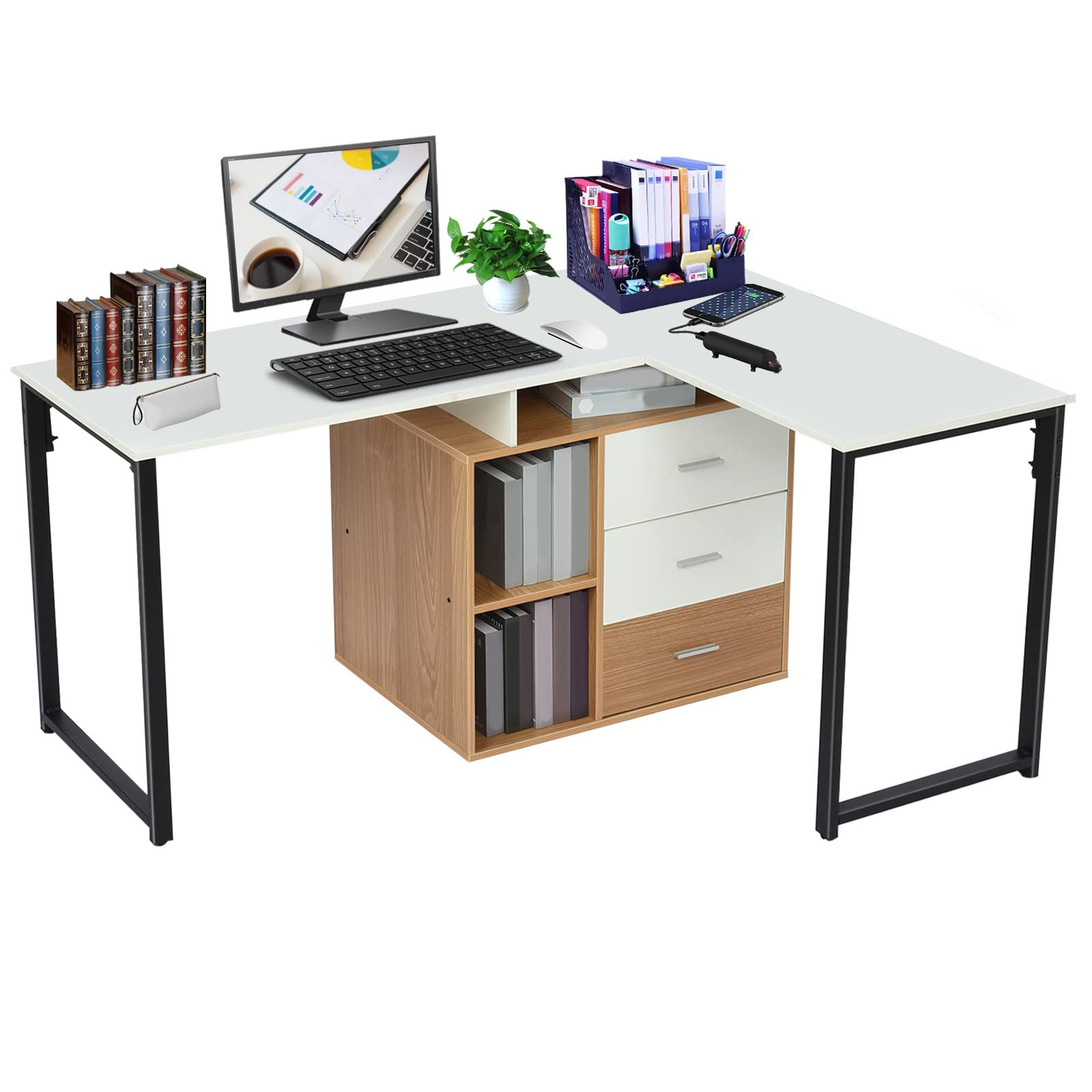 87-inch L-Shaped Computer Desk for 2 People with 3 Storage Drawers - Spacious Double Workstation for Home Office, Gaming & Study - Perfect for Shared Workspaces & Small Offices