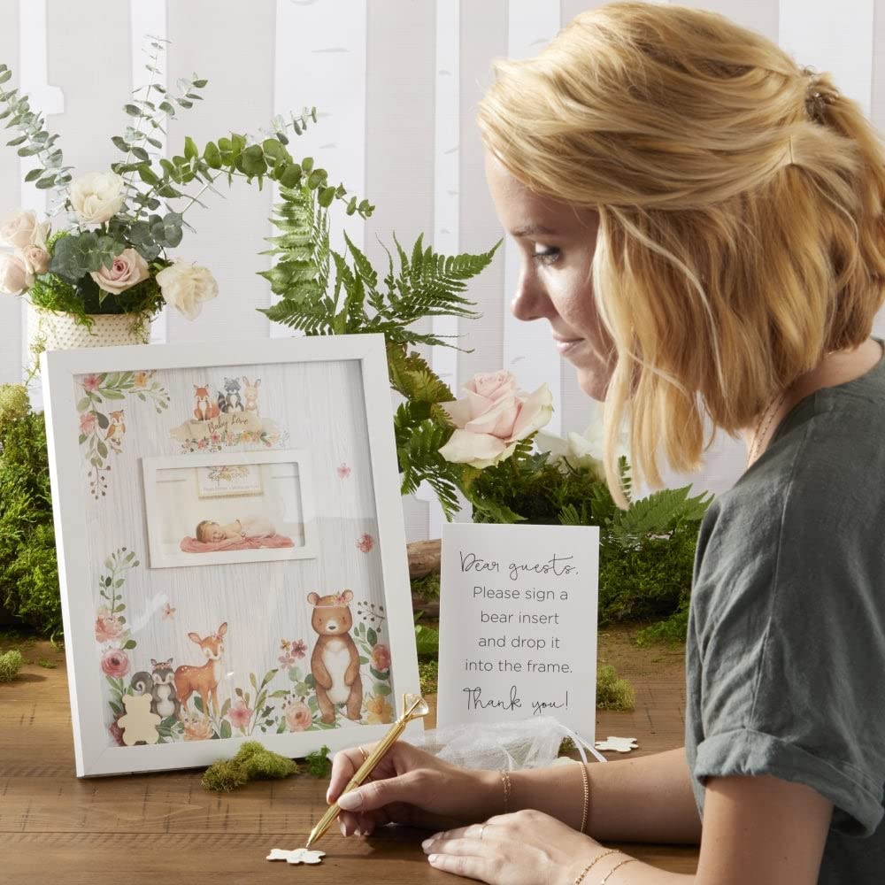 Kate Aspen Woodland Baby Shower Guest Book Alternative - Pink Frame with 30 Wooden Bears, Baby Boxes & Letters - Perfect for Baby Shower Decorations & Nursery Sign-in Keepsakes