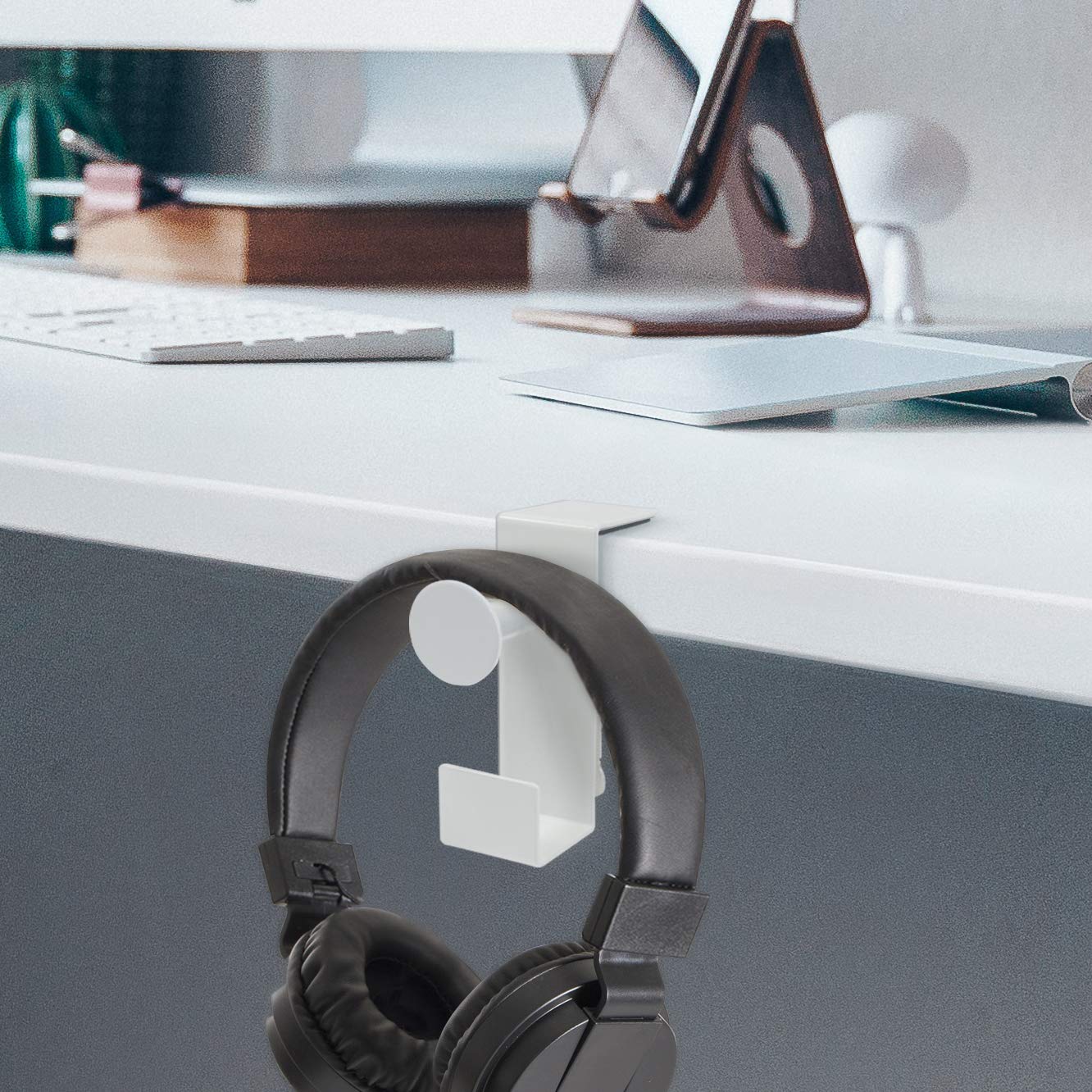 Adjustable Rotating Metal Under Desk Headphone Stand Holder - Universal Steel PC Gaming Headset Hanger Hook with Cable Organizer - Perfect for Office, Gaming Setup & Home Workspace (White, 2 Pack)