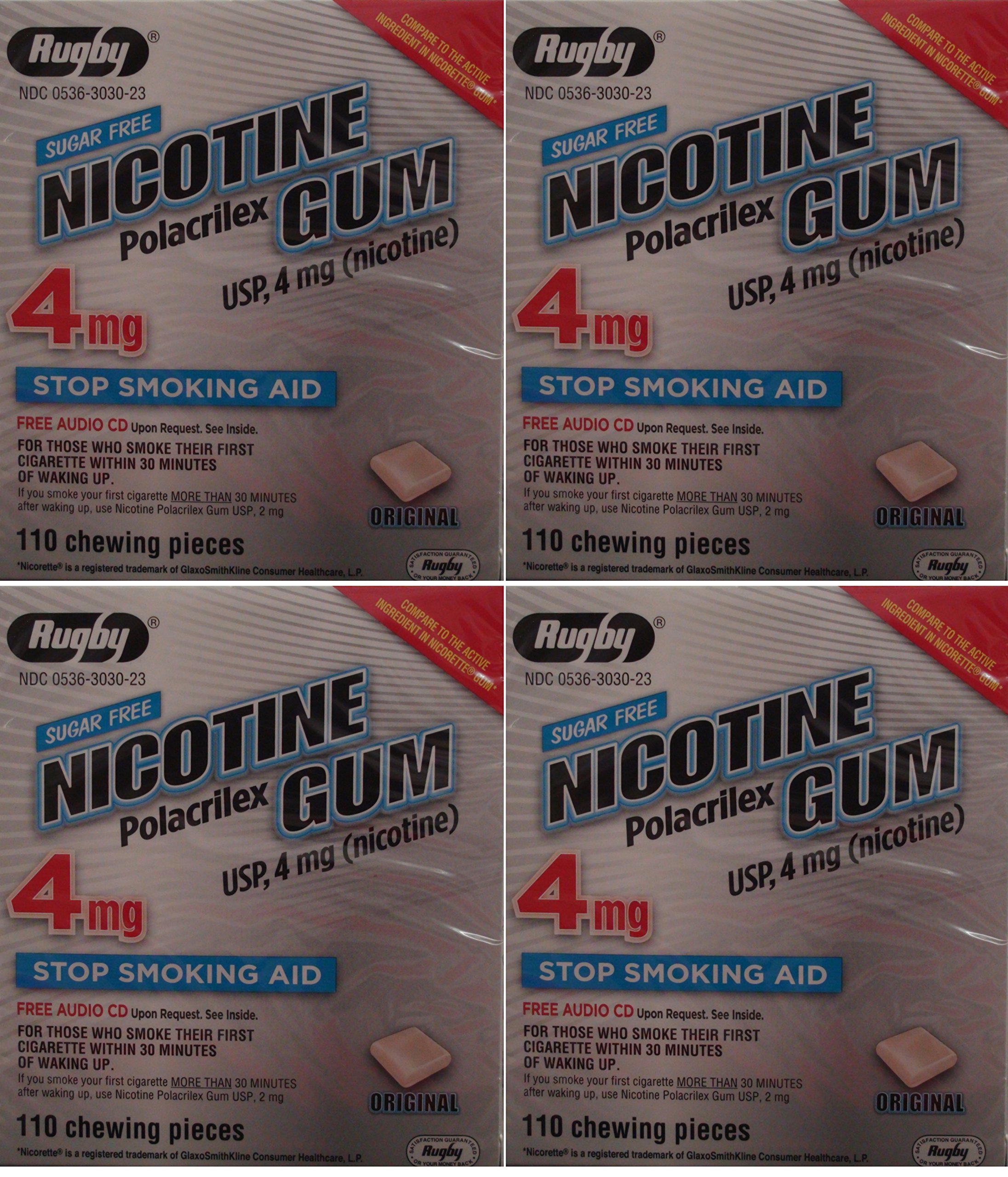 RUGBY LABORATORIES Sugar-Free 4mg Nicotine Gum - Original Flavor (Generic for Nicorette) | 110 Pieces per Box, Pack of 4 (400 Total Pieces) | Smoking Cessation Aid & Craving Relief