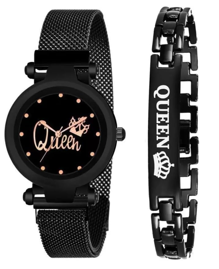 Queen Magnetic Strap Watch for Women & Girls - Elegant Black Magnetic Chain Bracelet Analog Watch with Adjustable Magnet Strap - Perfect Gift for Birthday, Anniversary & Special Occasions (SR-708, Pack of 2) - Ideal for Everyday Wear, Office & Formal Events
