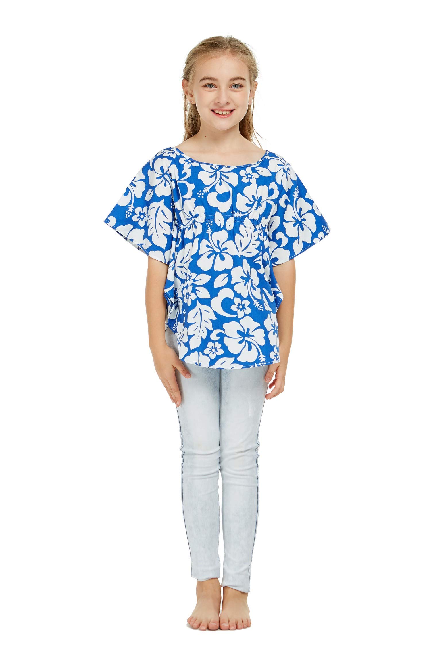 Hawaiian Matching Father Daughter Dance Shirts - Classic Blue Hibiscus Print Poncho Tops for Luau Parties & Family Events