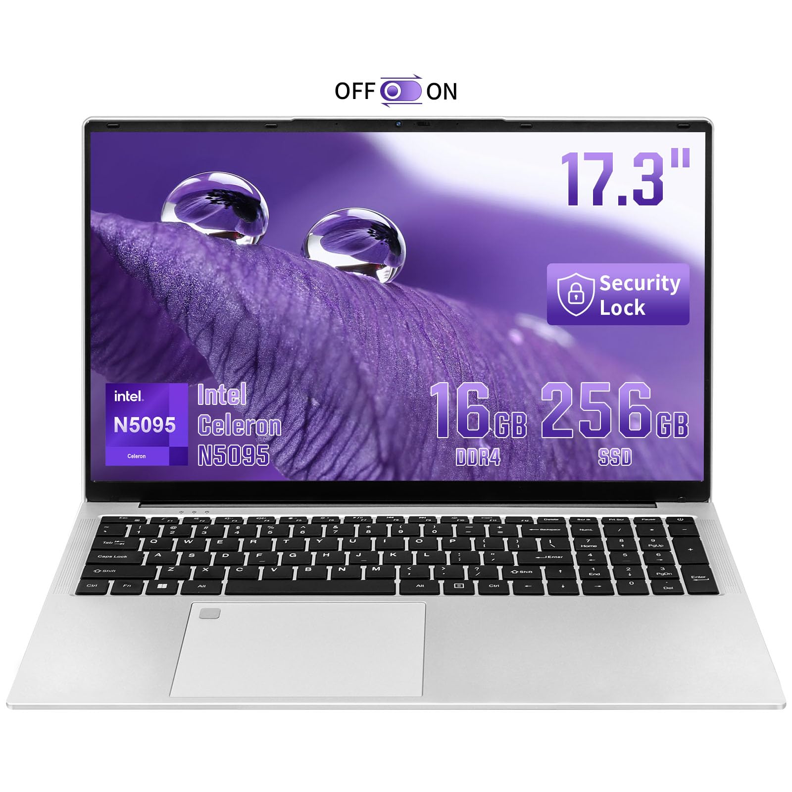 UDKED 17.3 Inch Laptop - Intel Celeron N5095 Processor (Up to 2.9GHz), 16GB DDR4 RAM, 256GB SSD, FHD IPS Display, 180° Hinge, Backlit Keyboard, Fingerprint Reader, HDMI Port (Silver) - Perfect for Work, Study & Entertainment