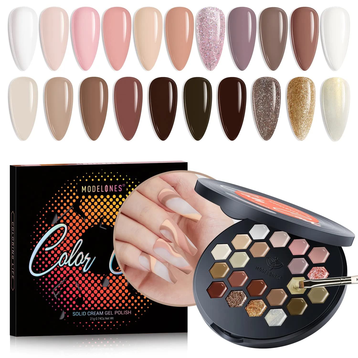 MODELONES 21-in-1 Nude Brown Gel Nail Polish Set - 21g UV/LED Cured Neutral & Glitter Shades for Everyday Wear | Perfect for Home Manicures, Salon Nails & DIY Gel Polish Kits