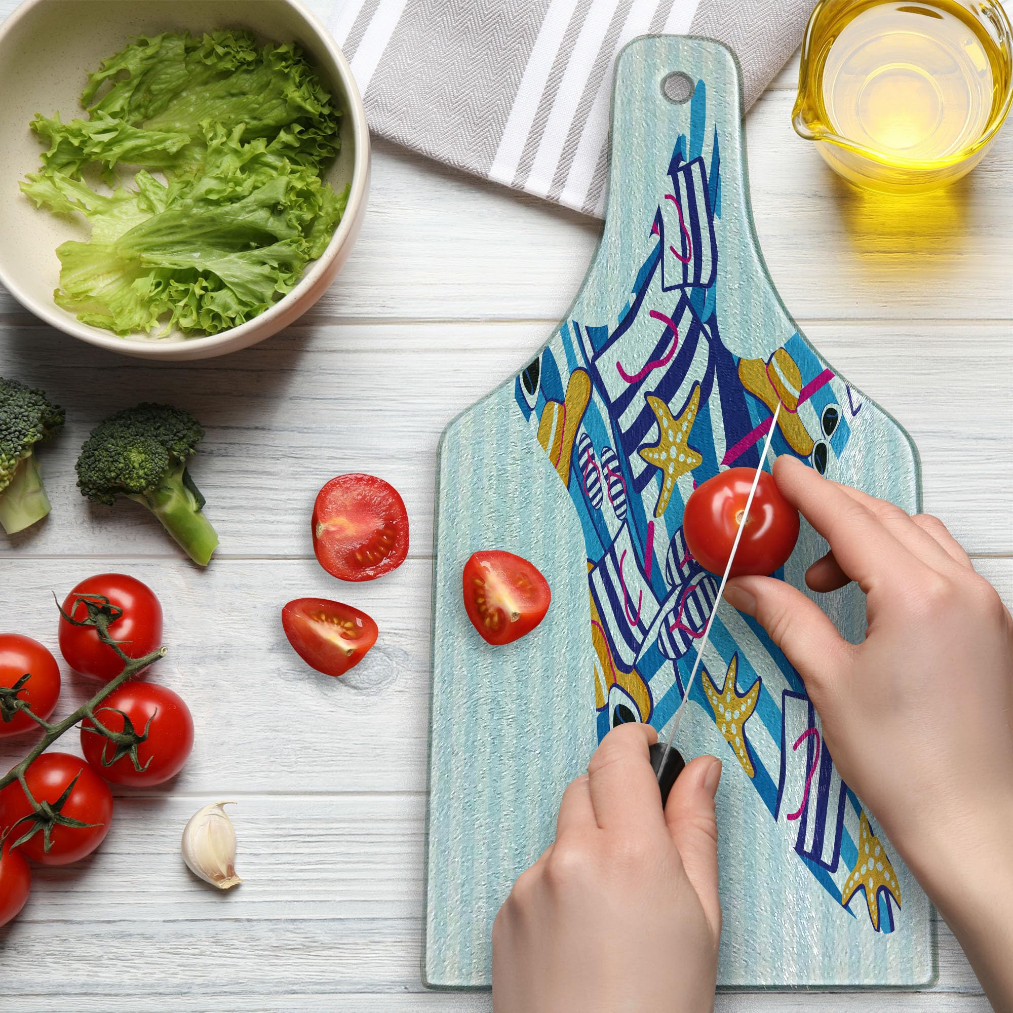 Ambesonne Starfish Tempered Glass Cutting Board - Cartoon Summer Vacation Design with Striped Backdrop - Decorative Serving Board for Cheese, Charcuterie & Wine - Perfect for Beach Parties & Coastal Kitchen Decor