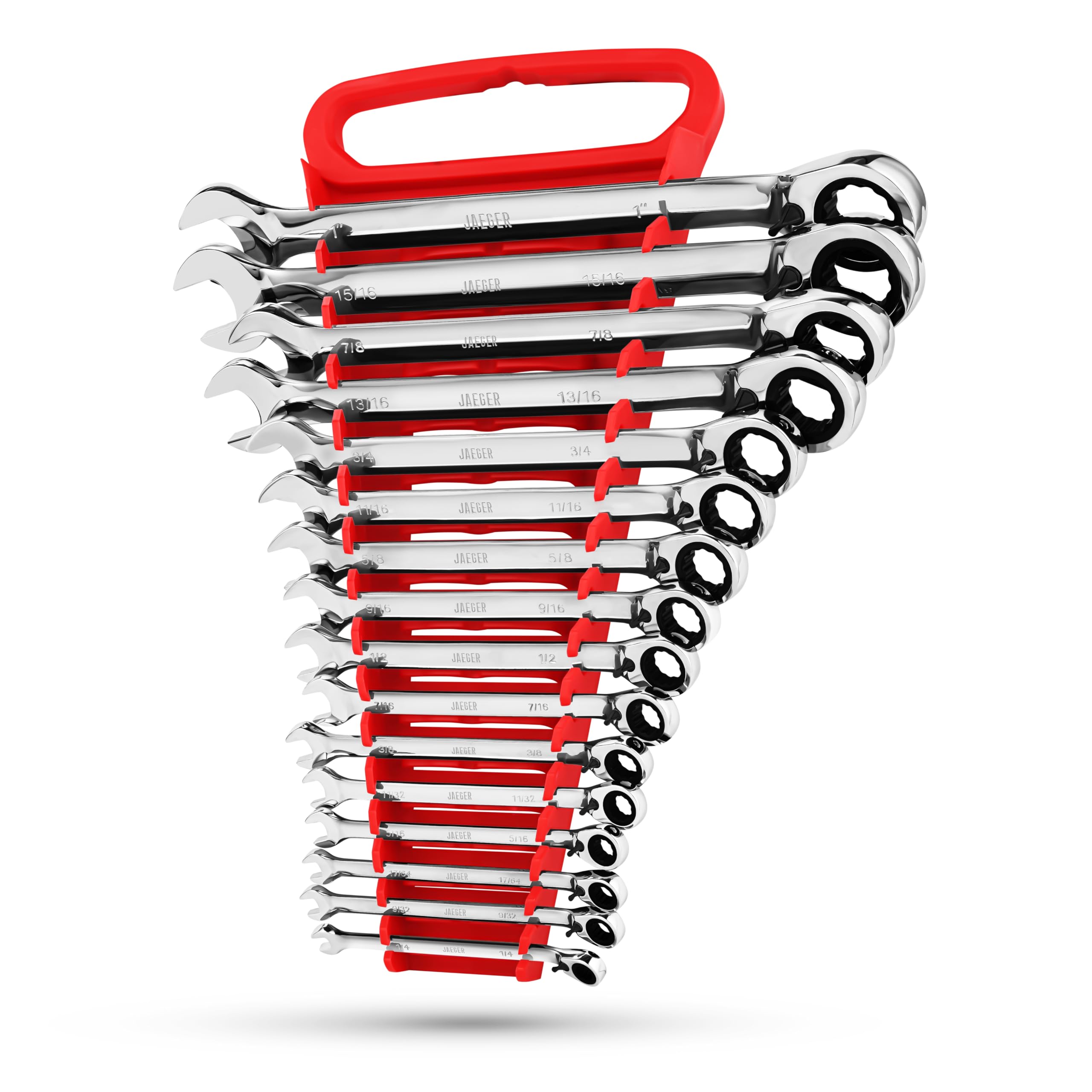 16-Piece Jaeger Reversible Ratcheting Combination Wrench Set - SAE/INCH Dual-Size Ratchet Speed Wrenches with Locking Storage Rack | Perfect for Automotive Repair, DIY Projects & Professional Mechanics
