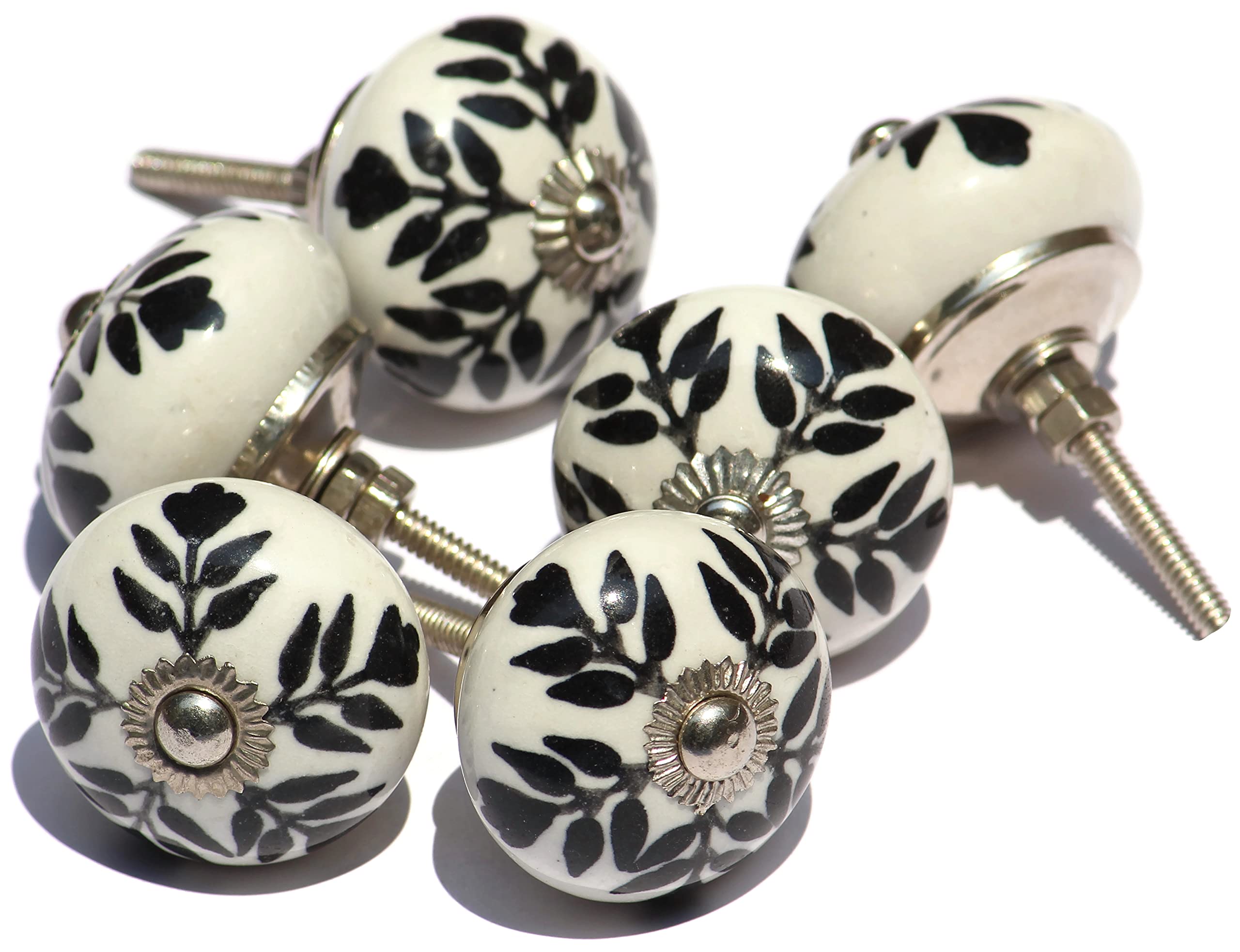 Set of 6 Unique Handmade Ceramic Drawer Knobs - Modern Black & White Floral Cabinet Hardware for Dressers, Kitchen Cabinets & DIY Furniture Projects (Countryside Style 4)