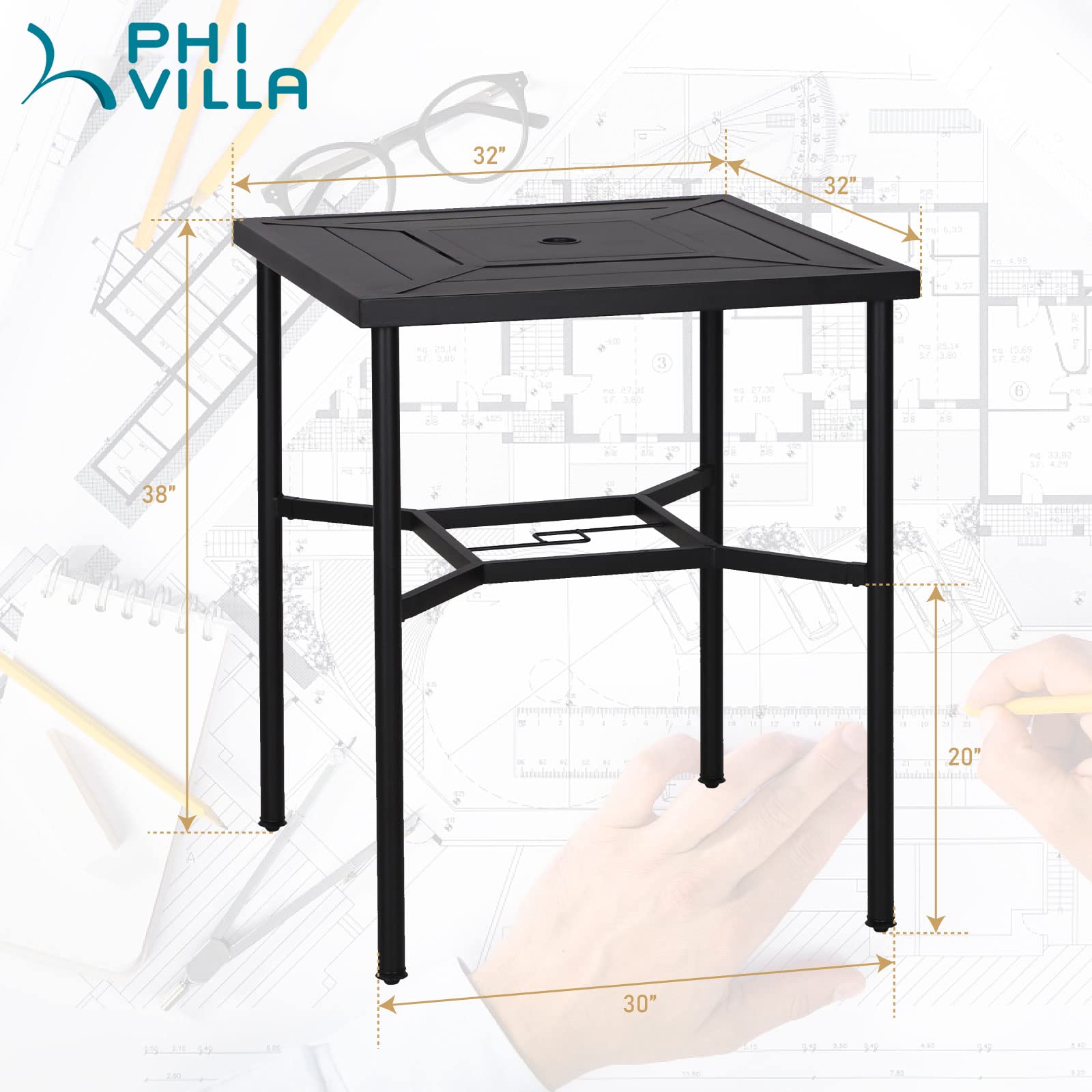 PHI VILLA 38 Inch Outdoor Bar Table - Square Metal Patio Bistro Dining Table with Umbrella Hole - Perfect for Lawn, Garden, Backyard, Poolside & Outdoor Entertaining