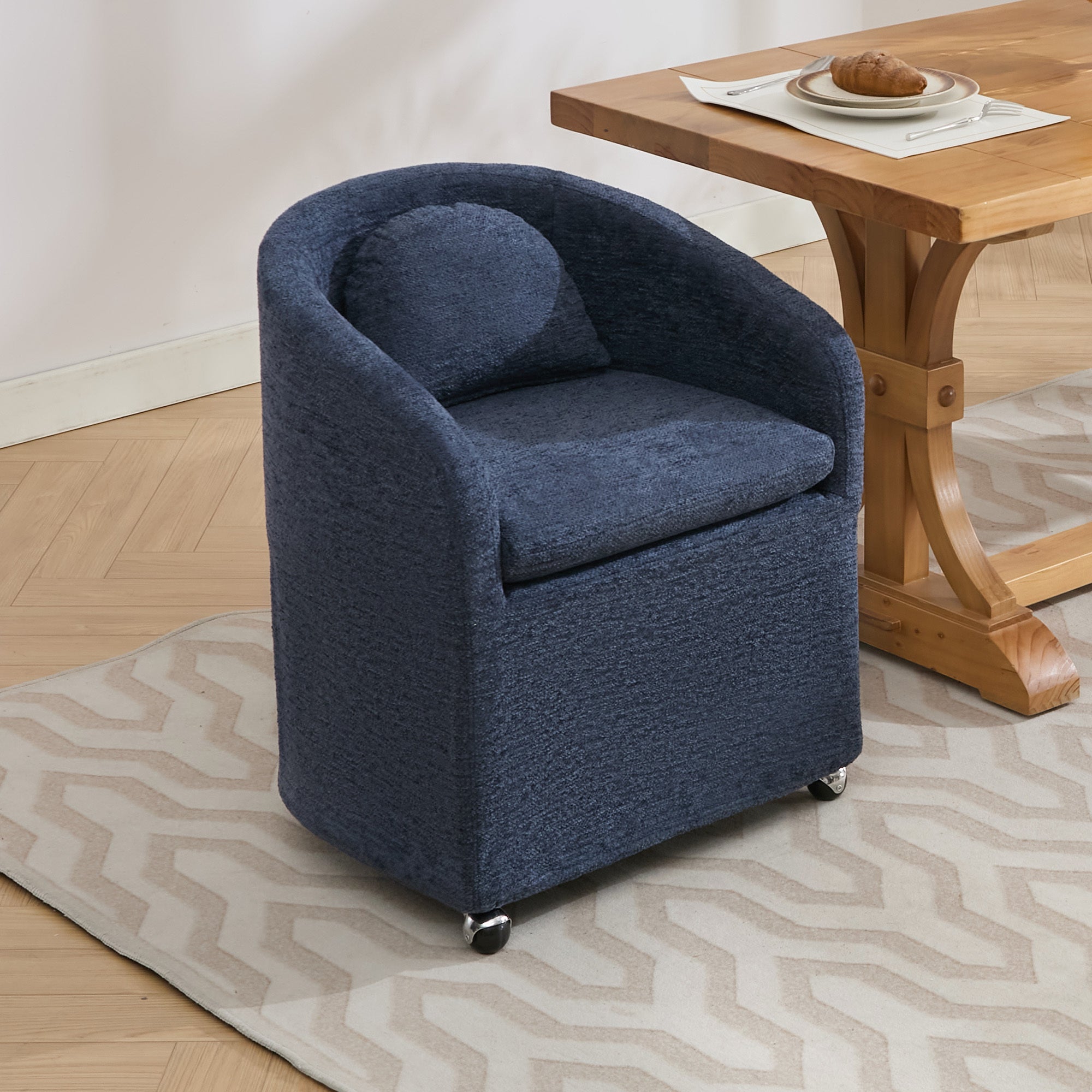 5-Piece Chenille Fabric Dining Armchair Set with Removable Back Cushion & Universal Wheels - Navy Blue - Comfortable Upholstered Chairs for Kitchen, Dining Room & Office Use