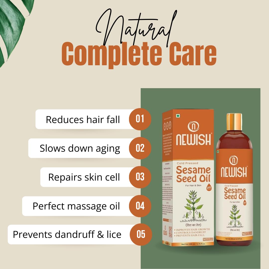 100% Pure & Natural Cold Pressed Sesame Oil for Hair, Skin & Massage (Til Ka Tel/Til Oil, Gingelly Oil) - 200ml - Promotes Hair Growth, Skin Hydration & Relaxing Massage Therapy