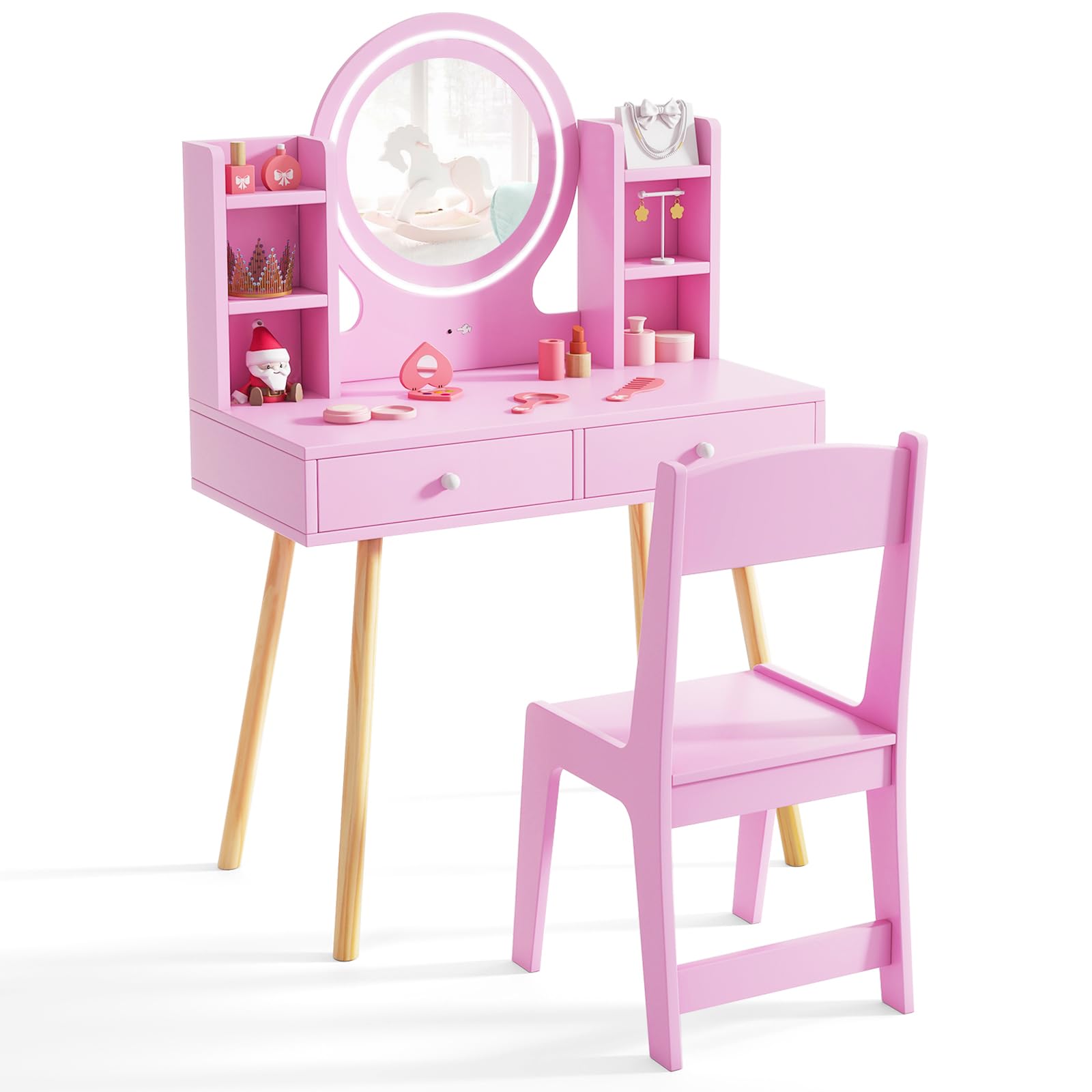 Costzon Pink Wooden Kids Vanity Set with Mirror, Stool, Lights & Storage - Toddler Makeup Dressing Table for Pretend Play, Birthday Gifts for Girls - Perfect for Bedroom Decor & Role Play Activities