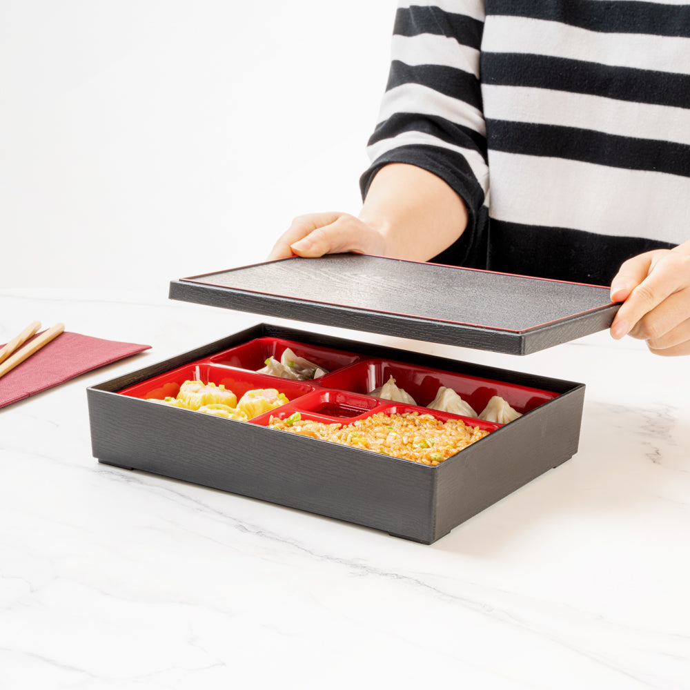 Japanese Style Bento Box - 5 Compartments Black and Red Lunch Box (10.75