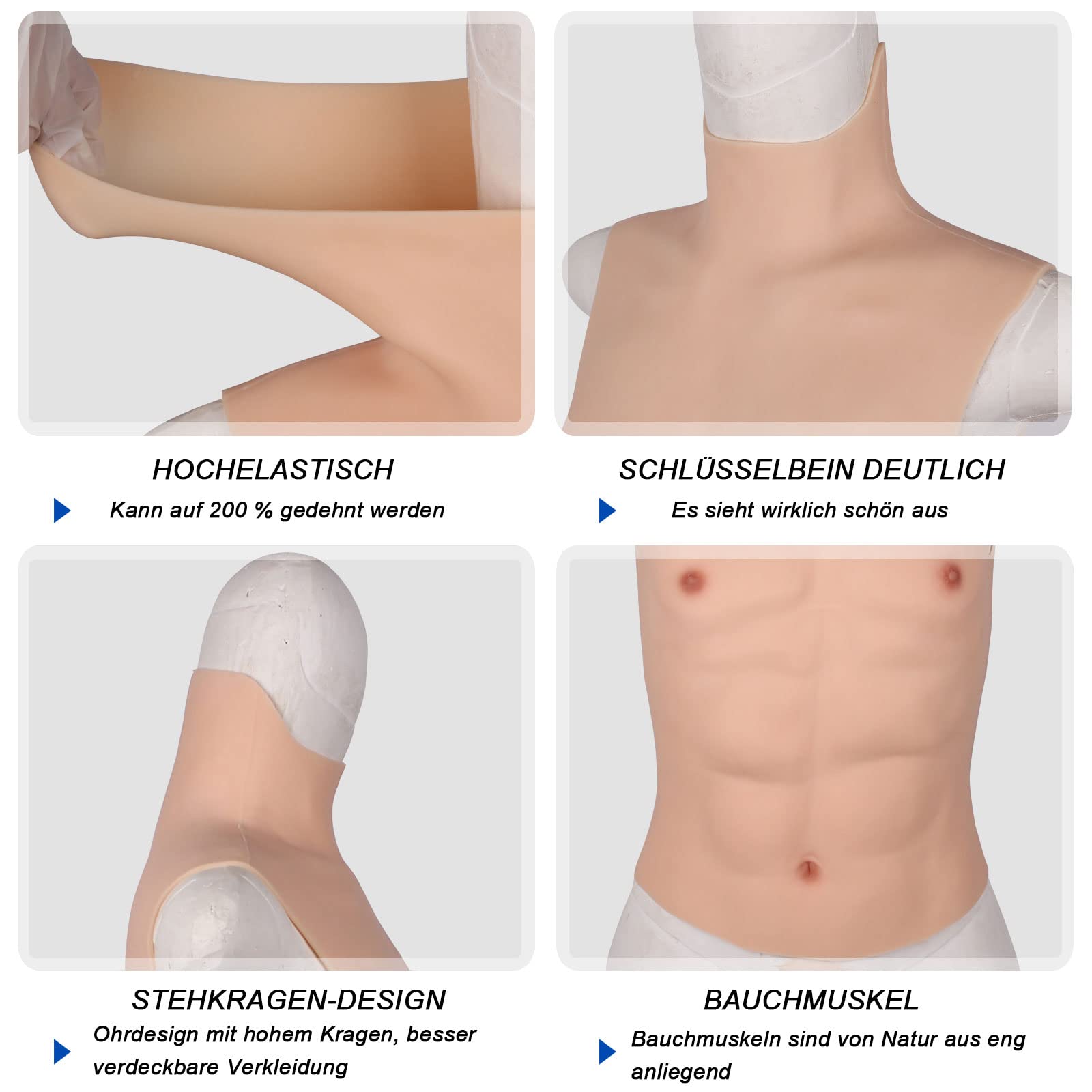 Realistic Muscle Suit for Men - Half Body Chest Silicone Shaper with Ultra Soft Simulation Skin - Perfect for Cosplay, Halloween Costumes, Bodybuilding Shows & Theater Performances