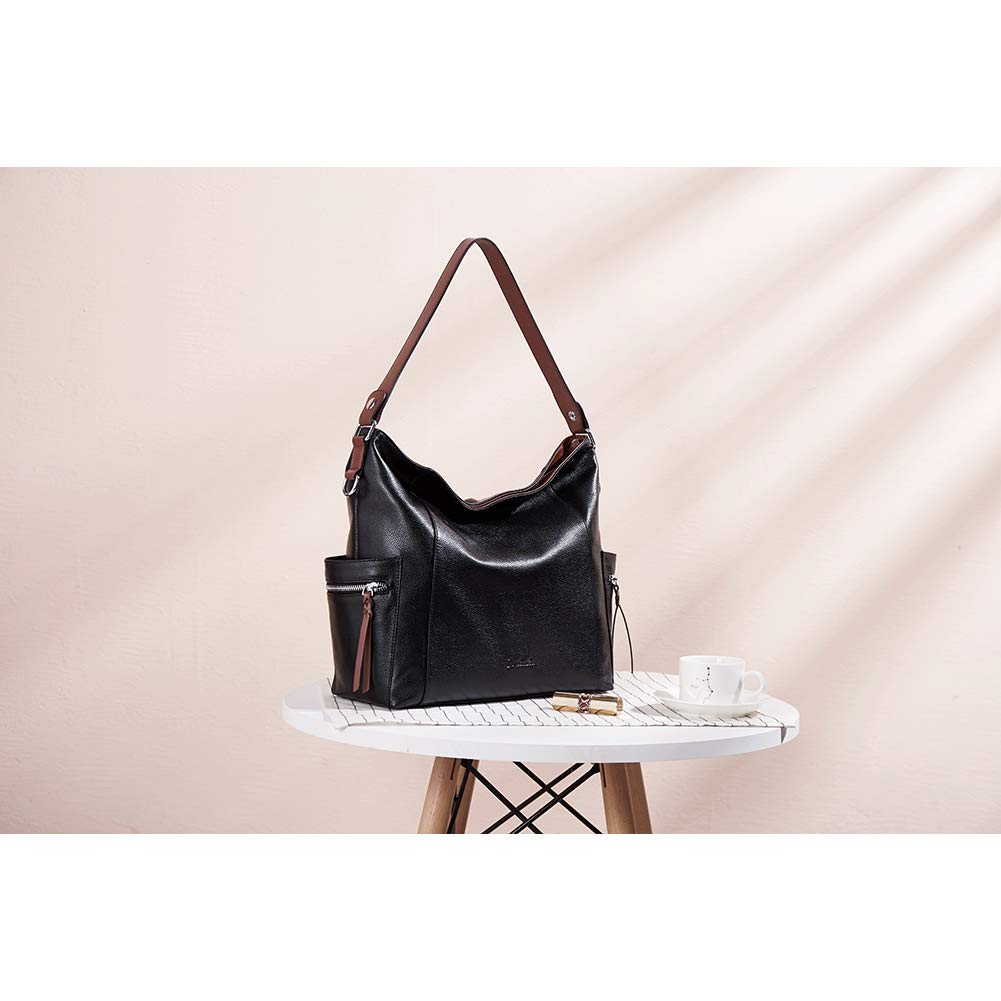 BOSTANTEN Genuine Leather Hobo Handbag for Women - Designer Shoulder Tote & Crossbody Purse - Large Capacity Work Bag, Travel Bag, Everyday Carry (Black)