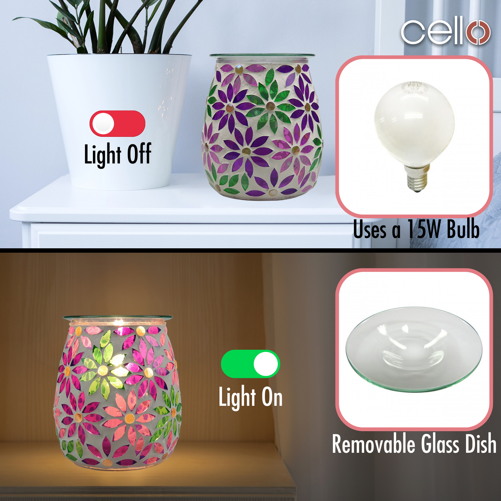 Cello Electric Wax Warmer with Mosaic Glass Design - Pretty Petals Floral Aromatherapy Wax Melter for Home, Office & Spa Relaxation