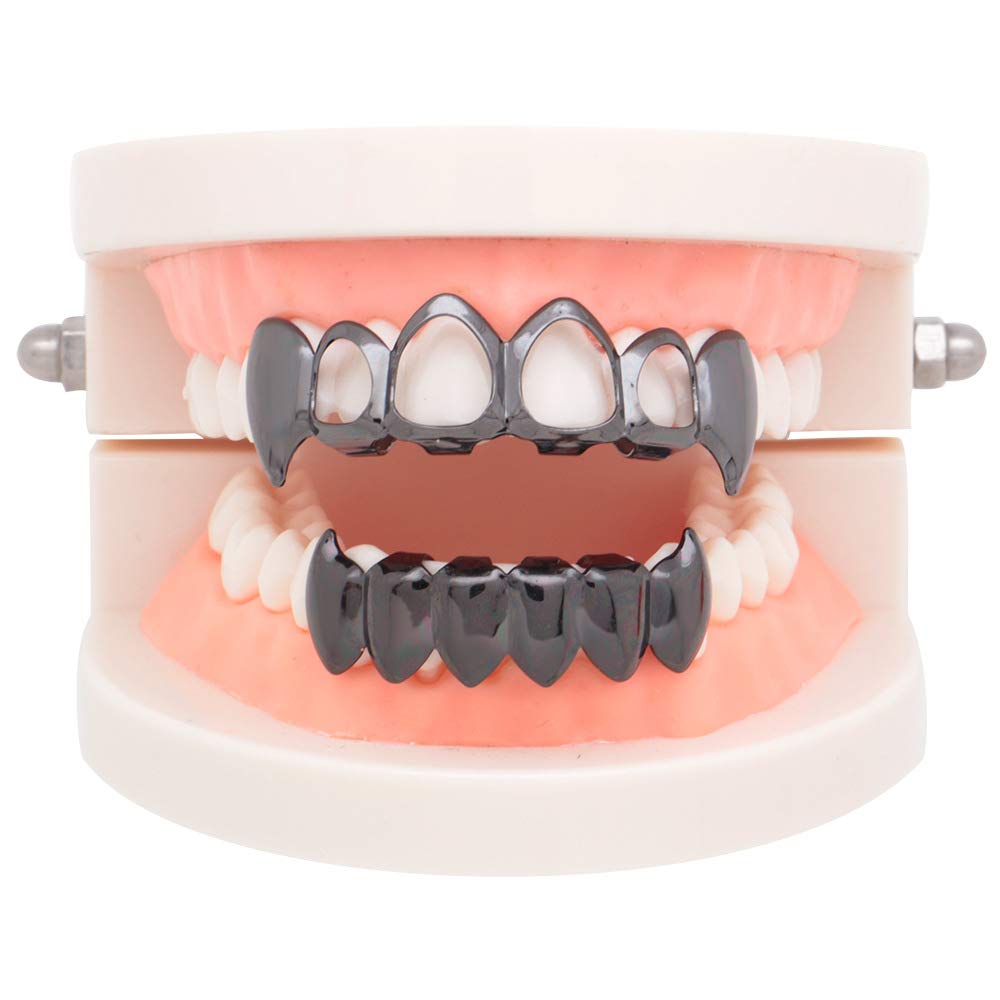 18K Gold Plated 4 Open Face Grillz Teeth - Top & Bottom Grill Set for Men and Women | Hip Hop Jewelry, Rap Style Accessories for Concerts & Parties