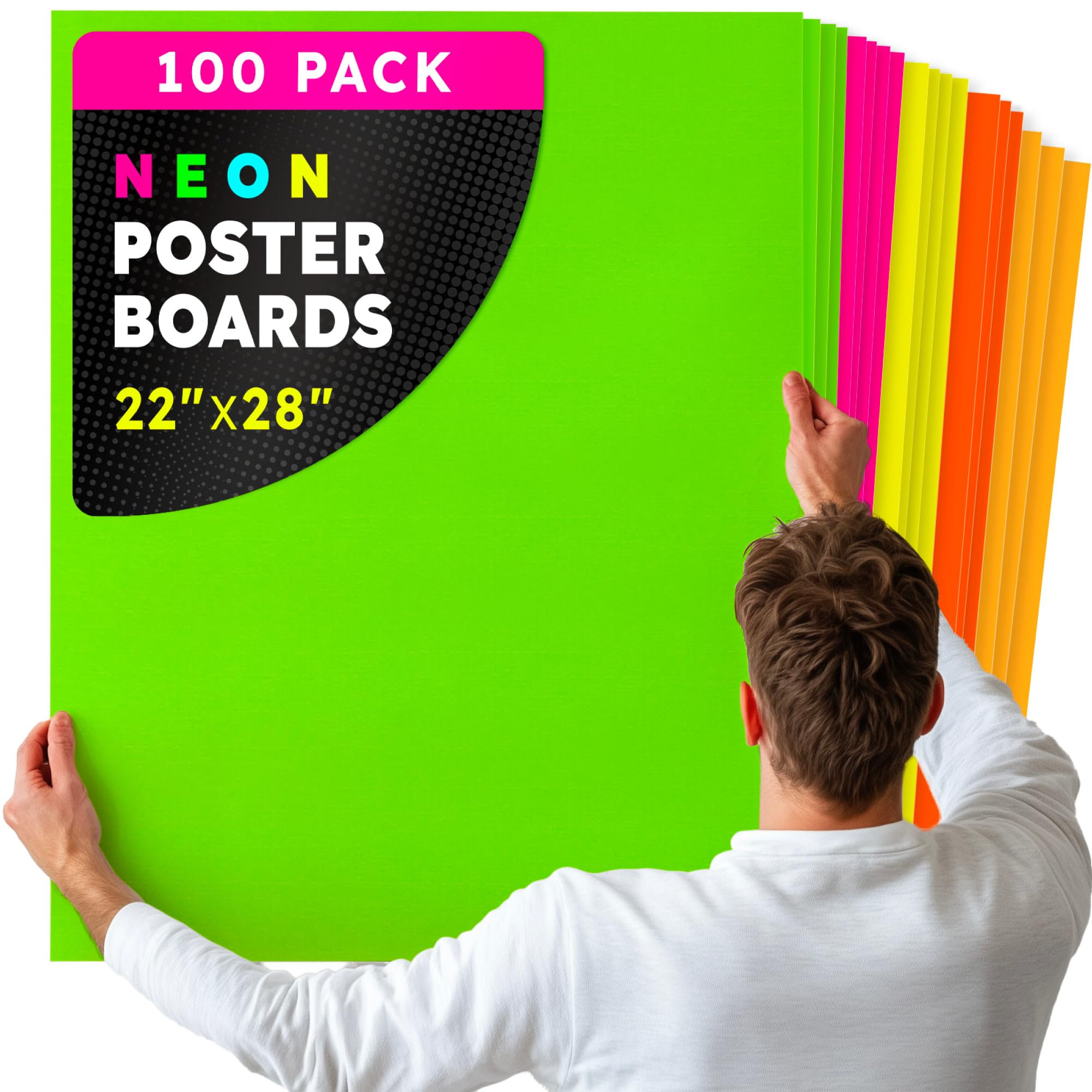 Hygloss Neon Poster Board - 22x28 Inch Double-Sided Fluorescent Cardstock Paper - 100 Sheets, 10 Pt. Thickness - 5 Vibrant Colors Bulk Pack - Perfect for School Projects, DIY Crafts, Classroom Signs & Party Decorations
