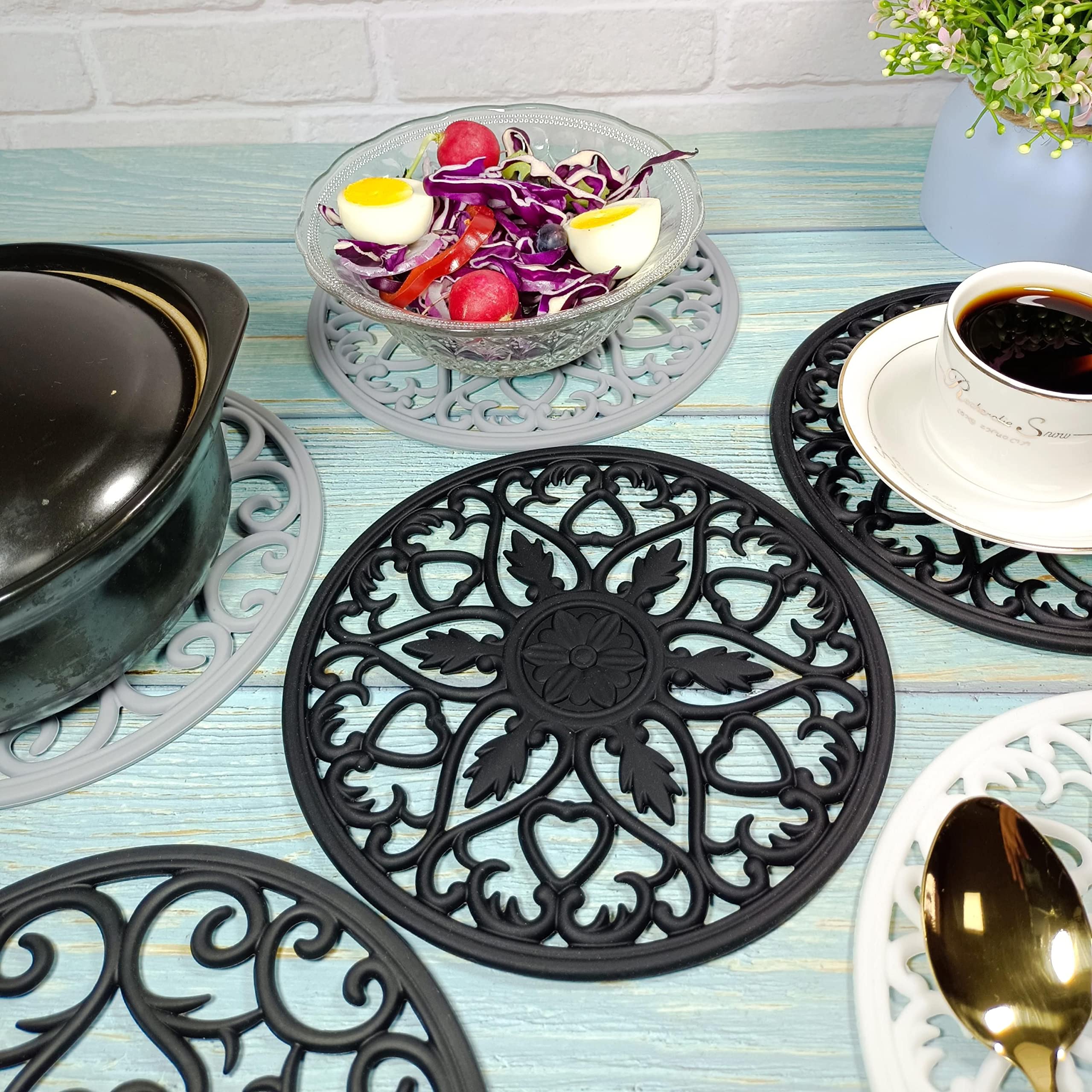 Premium Silicone Trivets Set of 6 - Heat Resistant Round Black Hot Pads for Kitchen - Modern Carved Non-Slip Mats for Hot Dishes, Pots & Pans - Perfect for Dining Table, Countertop Protection & Serving Hot Food
