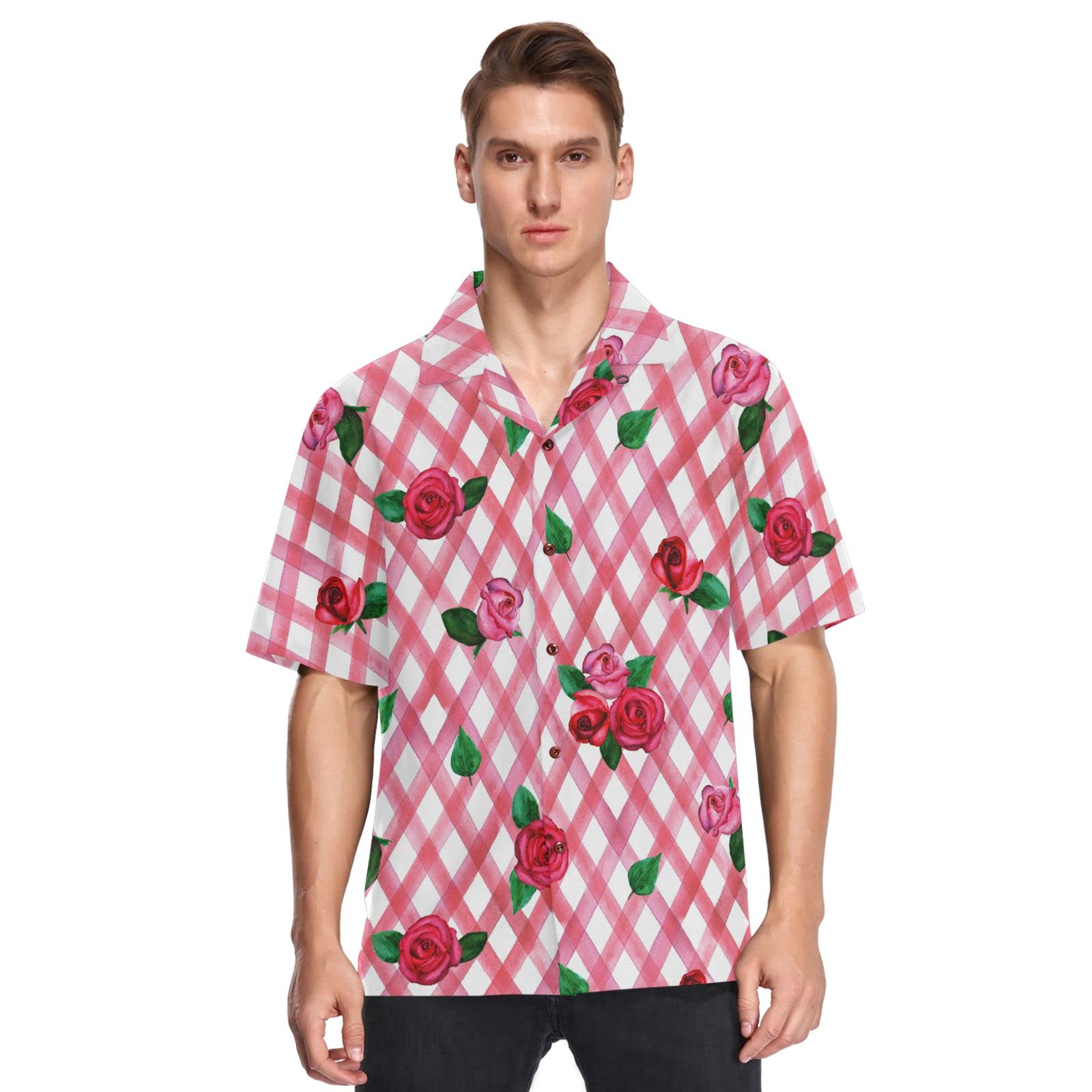 ALAZA Men's Red Roses on Red Stripes Plaid Quick Dry Hawaiian Shirt | Breathable Summer Casual Shirt for Beach, Vacation & Outdoor Activities