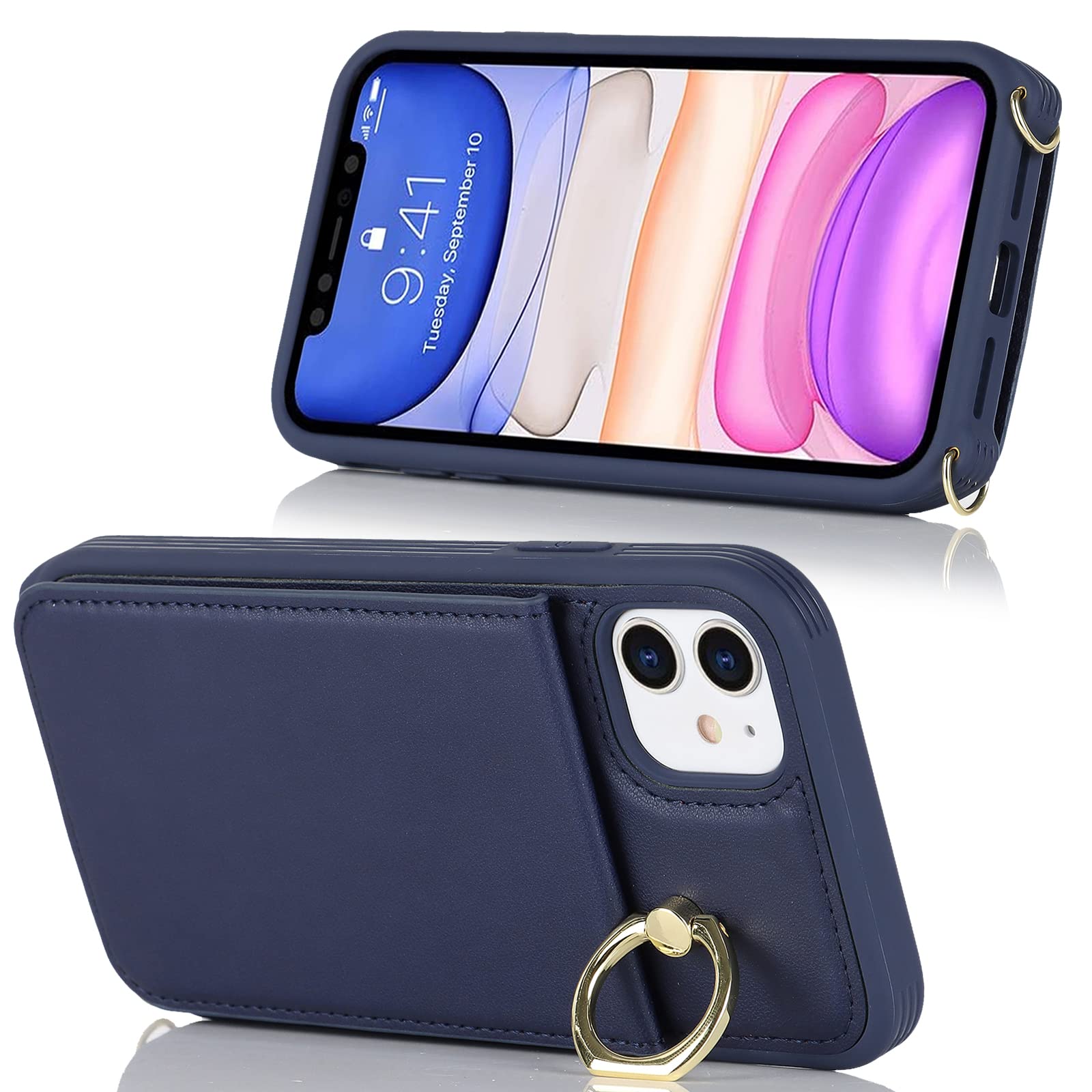 Premium Shockproof iPhone 11 Case with Card Holder & Kickstand - Slim Wallet Phone Cover for Women with Credit Card Slots & Detachable Ring (Blue) | Perfect for Travel, Shopping & Everyday Use