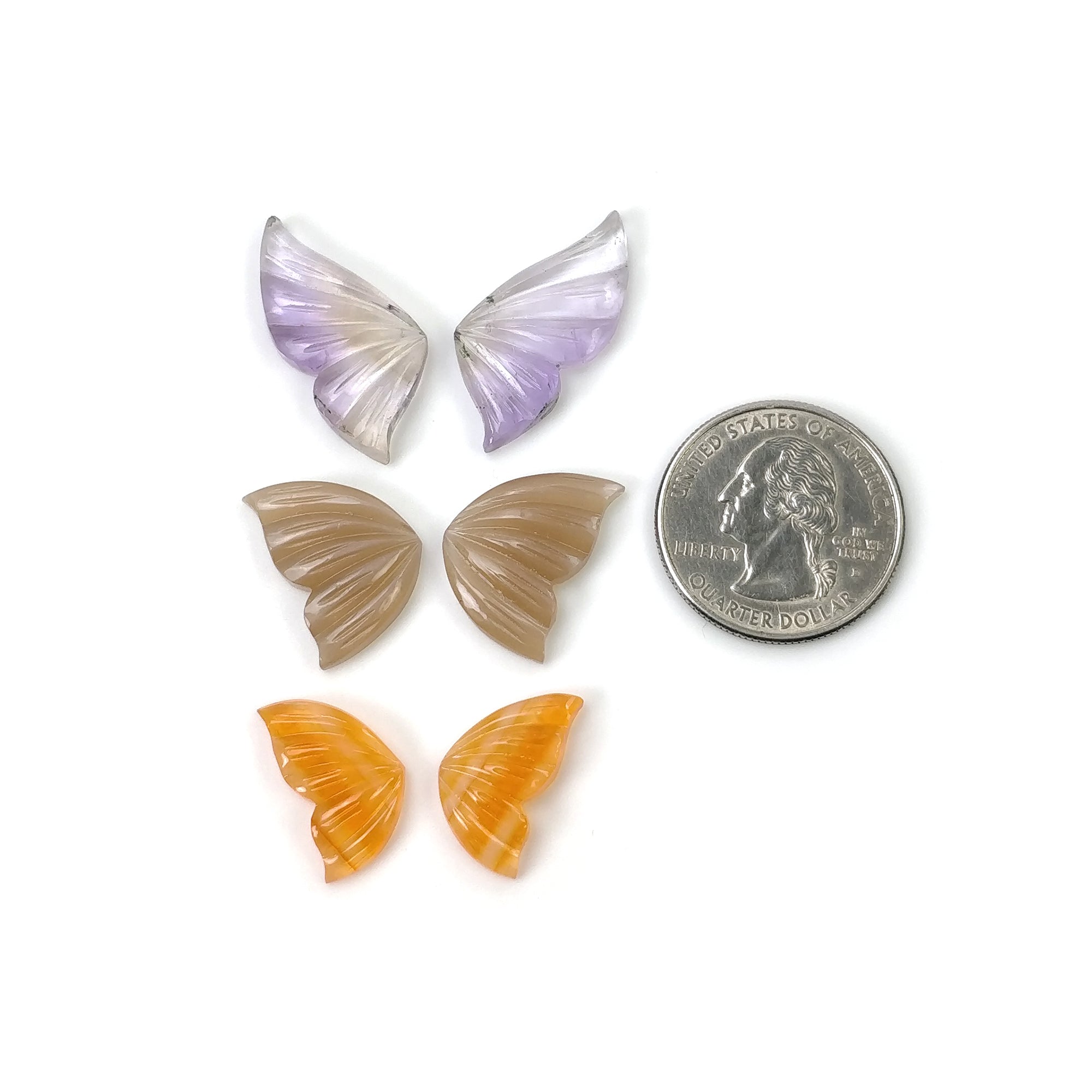 Natural Untreated Ametrine Peach Moonstone Agate Gemstone Carving - Hand Carved Butterfly Set (3 Pairs) for Jewelry Making, Spiritual Healing & Crystal Collection