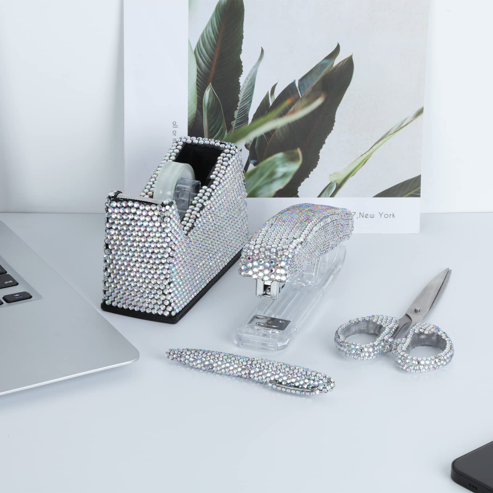 Premium 4-Piece Office Stationery Set - Stapler, Tape Dispenser, Ballpoint Pens & Scissors for Home & Office (White/AB) - Perfect for Desk Organization, School Supplies & Gift Giving