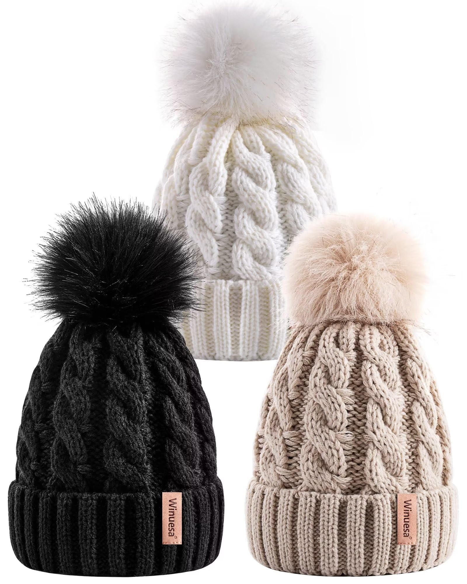 3 PCS Women's Knit Beanie Hats with Pom Pom - Warm Winter & Fall Fashion Hats for Ladies - Perfect for Outdoor Activities, Skiing, Snowboarding & Casual Winter Wear