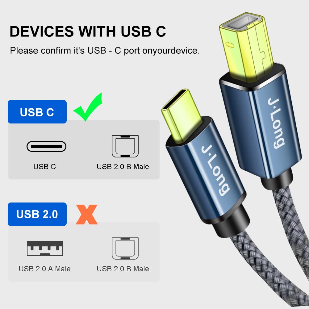 USB C to USB B Printer Cable - High Speed Braided 3M for Brother/HP/Dell Printers & Android Phones