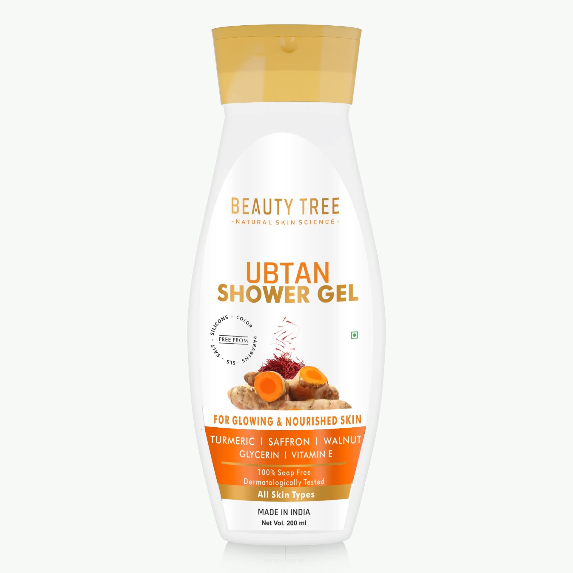 BEAUTY TREE Ubtan Shower Gel with Turmeric, Saffron, Walnut, Glycerin & Vitamin E - 200ml for Glowing & Nourished Skin | Natural Body Wash for Daily Skincare & Brightening Complexion