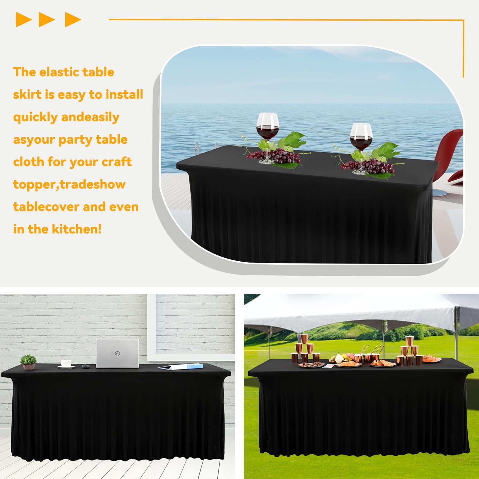 6 Pack 8Ft Spandex Table Skirt - Black Stretch Tablecloth with Ruffles Design for Rectangle Tables, Wrinkle-Resistant & Easy to Install - Perfect for Banquets, Weddings, Thanksgiving & Party Decorations (Ideal for Event Setup & Home Decor)