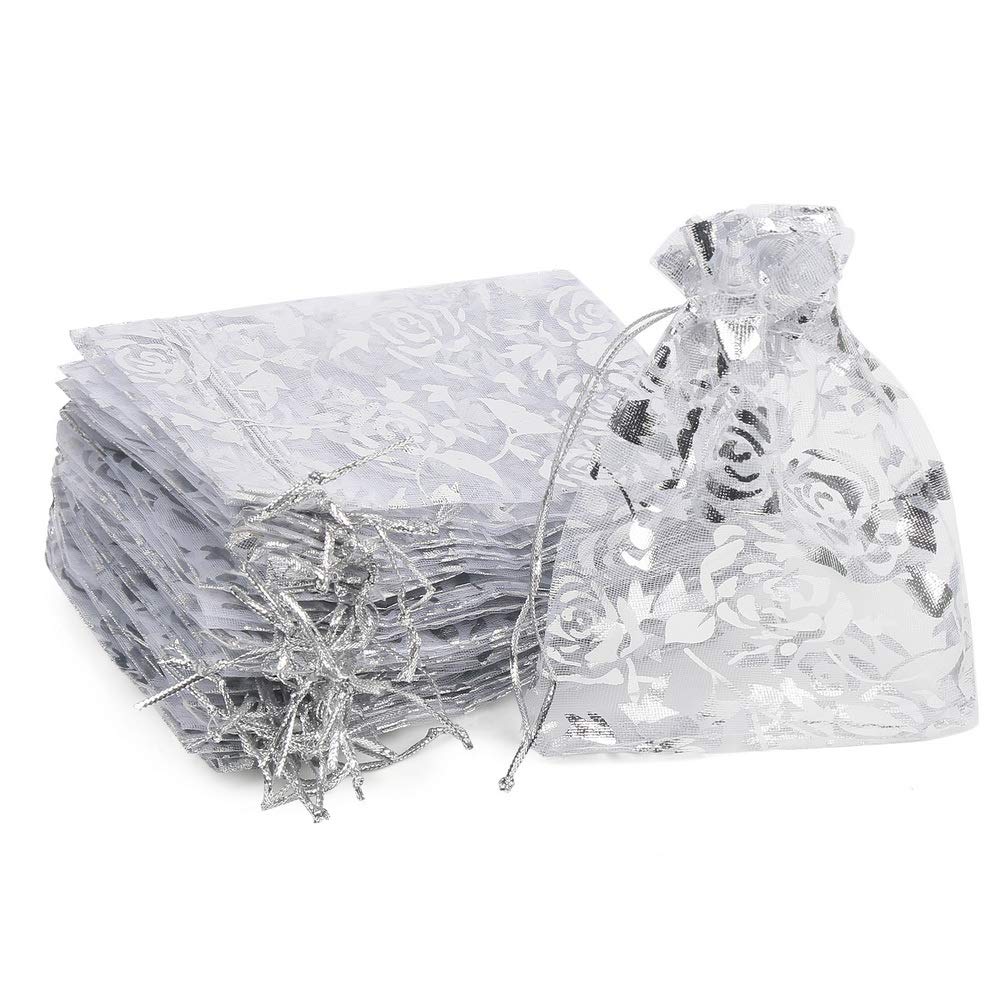 LOAVER 3.5x4.7 Inch Heart Print Organza Gift Bags - 100pcs Silver Rose Wedding Favor Bags for Candy, Jewelry & Party Decorations
