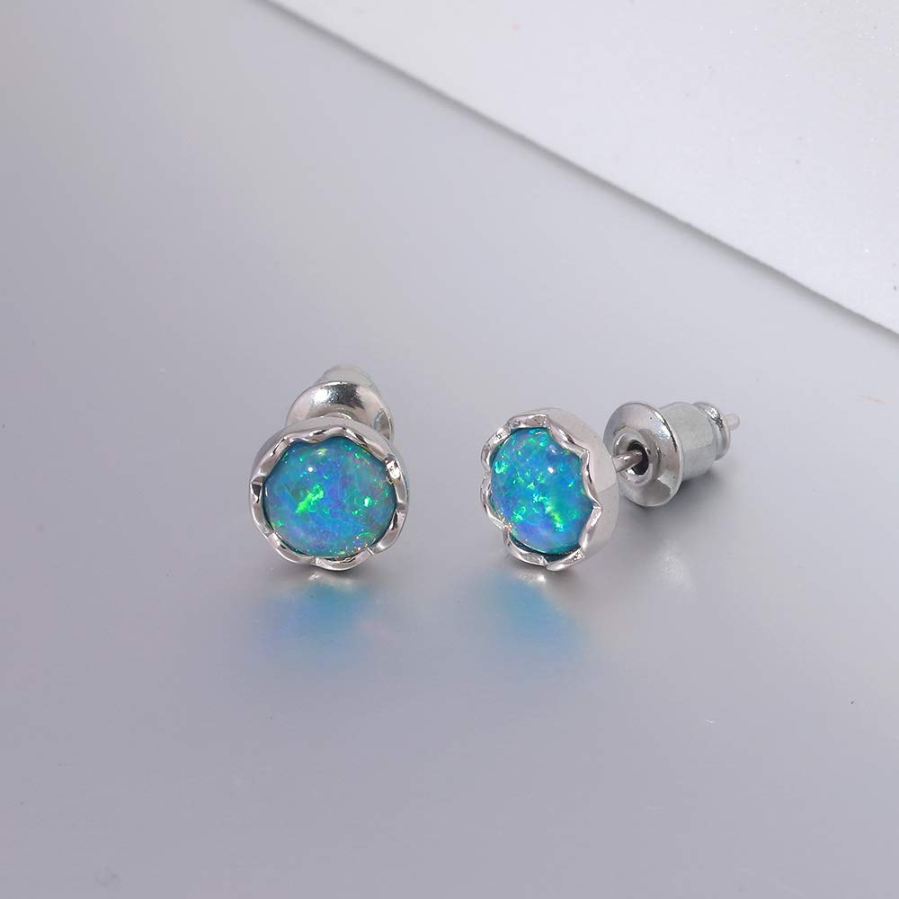 14K White Gold Plated Opal Stud Earrings for Women & Girls - 7mm Round Shape Gemstone Jewelry for Everyday Wear, Gift Giving & Special Occasions