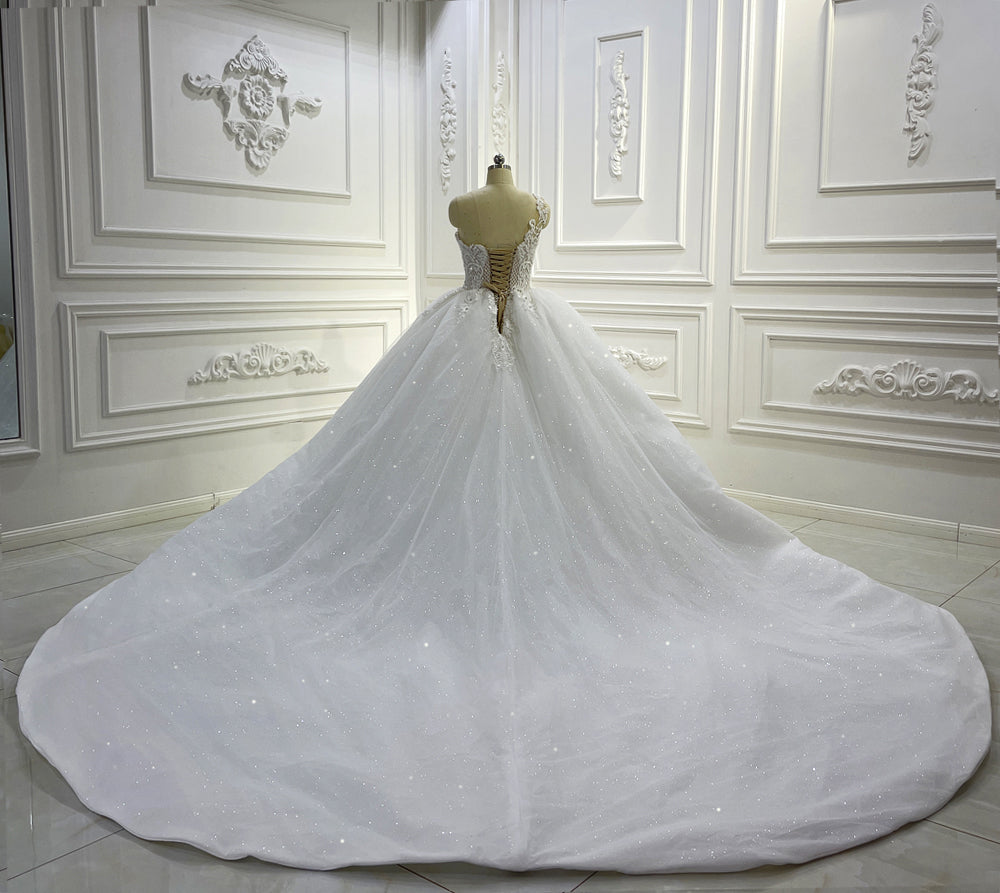 Elegant AM1276 One Shoulder Lace Wedding Dress - Romantic A-Line Bridal Gown for Beach, Church & Garden Weddings