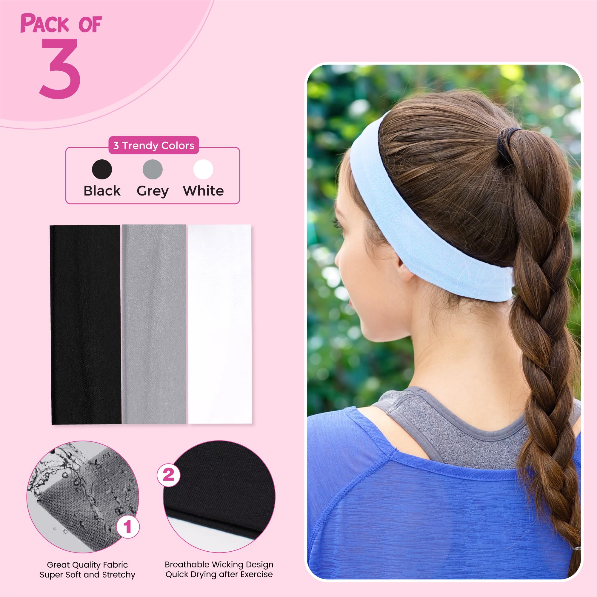 3 Pack Non-Slip Headbands for Women - Soft Stretchable Sports Hairbands for Workout, Yoga, Running & Fitness - Stay Secure During Exercise & Daily Activities