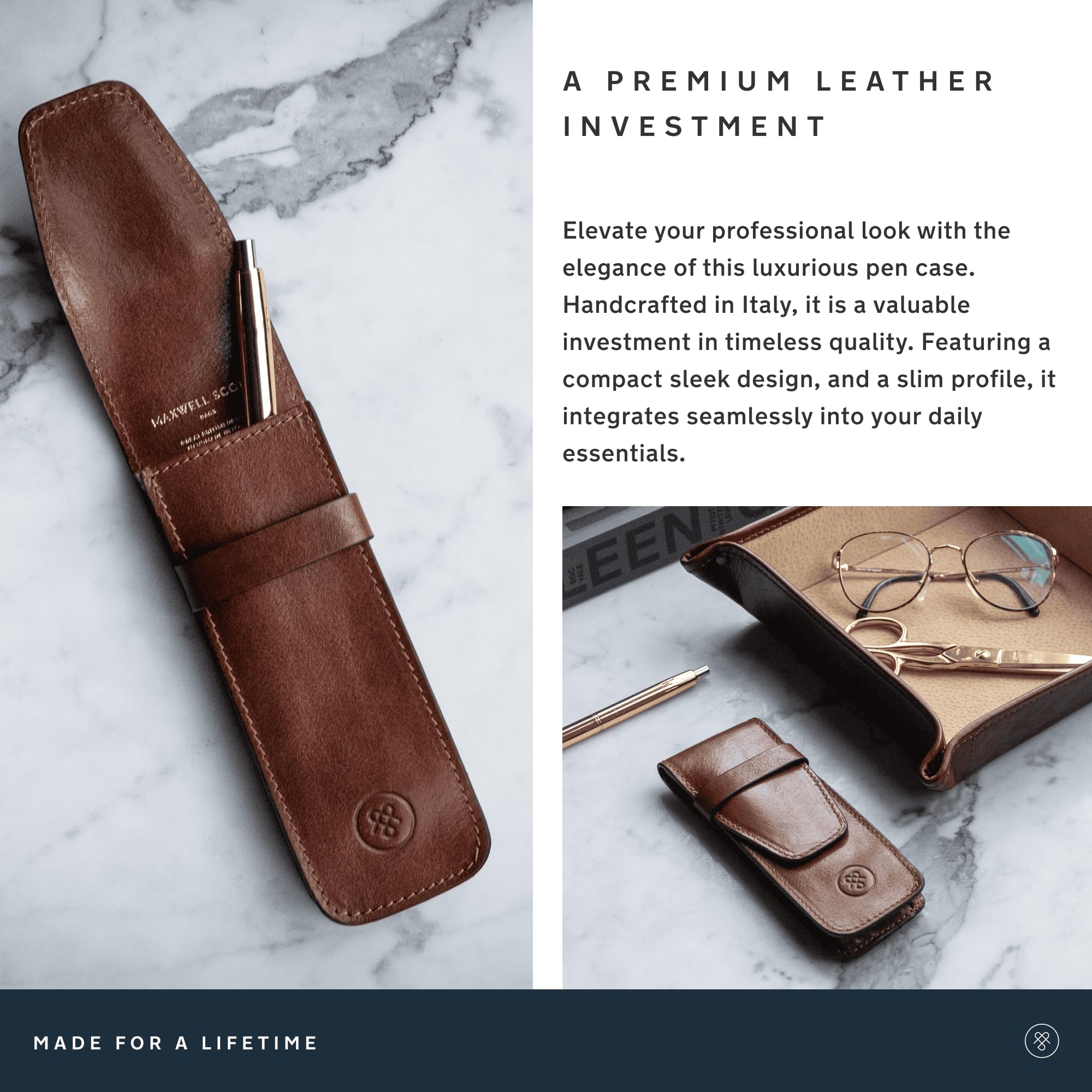 Maxwell Scott Premium Leather Fountain Pen Case Holder for 3 Pens - Handmade in Italy - Pienza Dark Brown - Perfect for Office, Travel & Gift Giving
