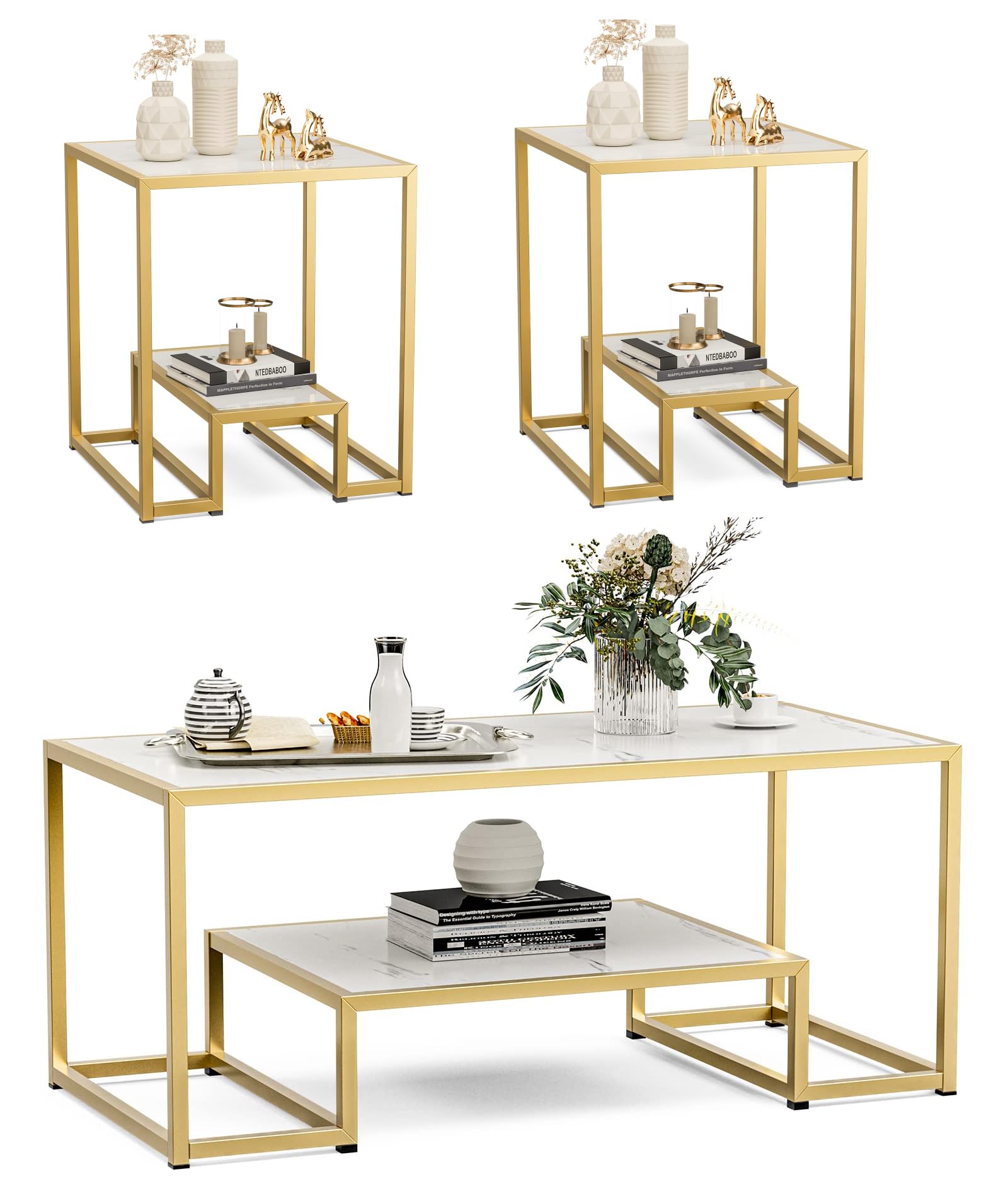 Modern Marble Coffee Table Set with Gold Metal Frame & Storage Shelf - 3 Piece Living Room Table Set for Apartment, Small Space - Perfect for Living Room, Lounge, and Studio Decor