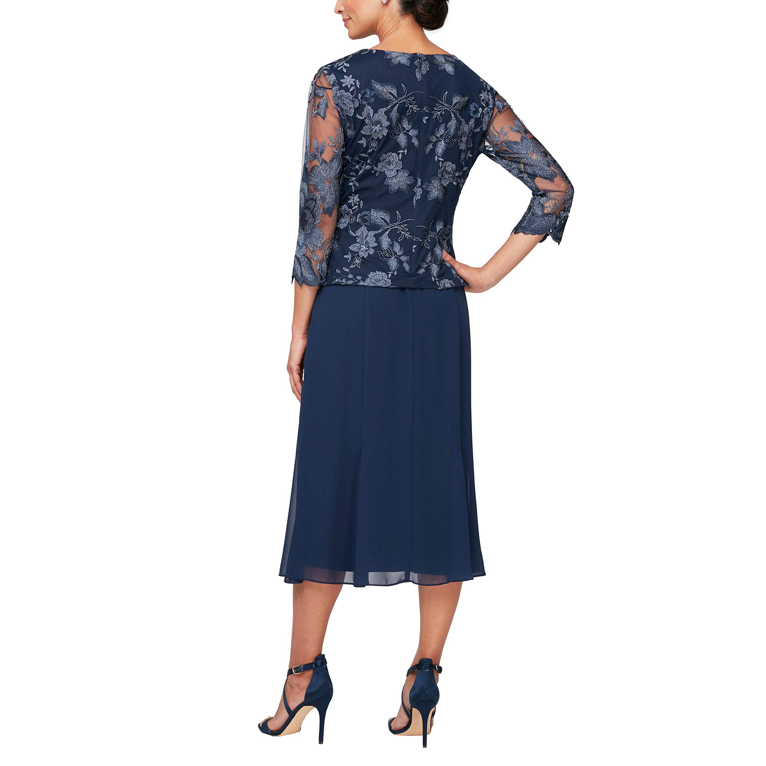 Alex Evenings Women's Navy Lace Tea-Length Mock Jacket Dress with Button Front - Size 8P | Formal Occasion, Wedding Guest, Cocktail Party, Holiday Events