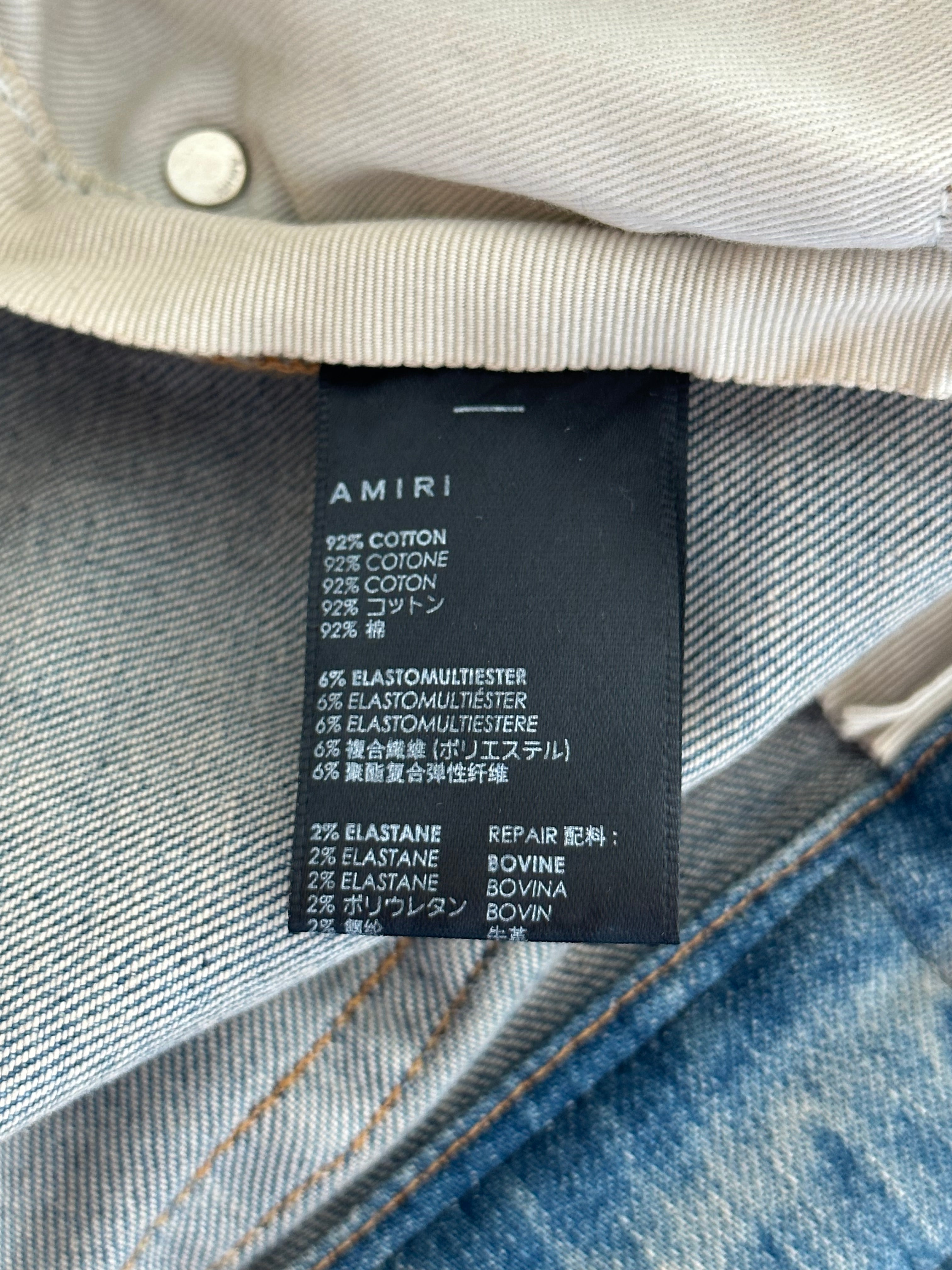 Amiri Blue & Turquoise Gradient Bones Applique Distressed Jeans for Men - Vintage Washed Denim Pants with Unique Embellishments, Perfect for Streetwear & Casual Outfits