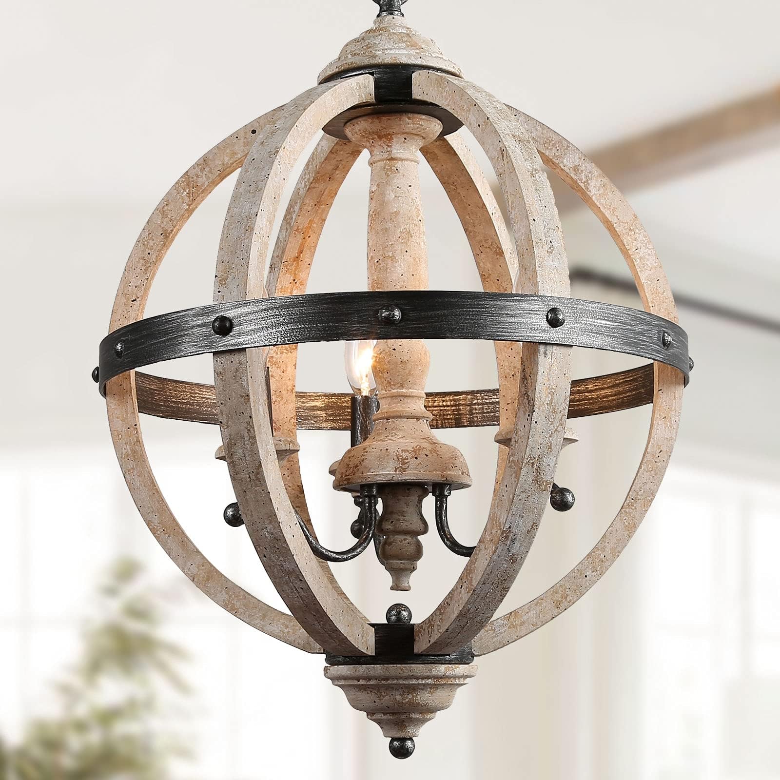 KSANA Farmhouse Chandelier - Rustic Orb Wood Light Fixture for Dining Room, Living Room, Bedroom & Hallway | Perfect for Country Style Home Decor & Cozy Interior Lighting