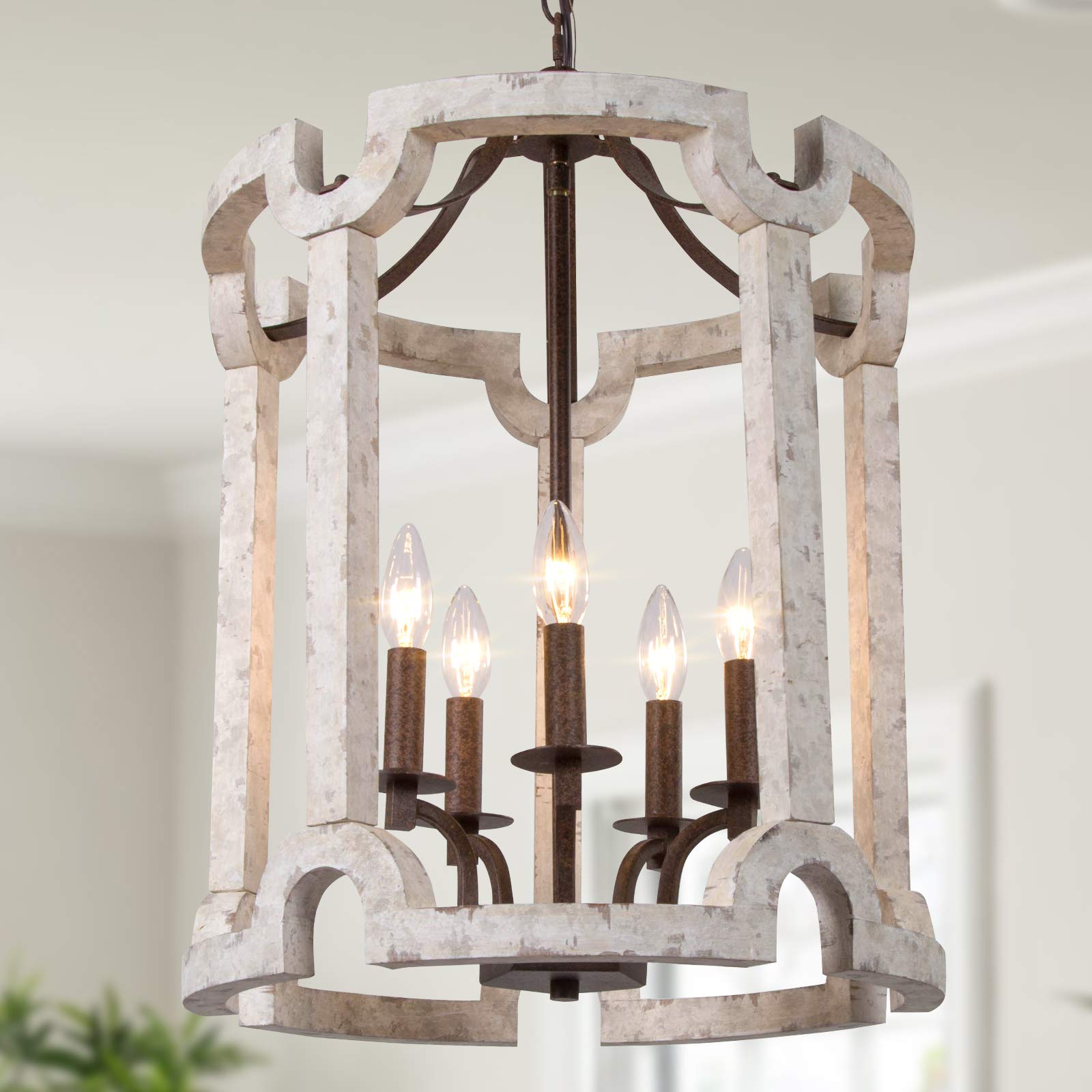 LOG BARN Farmhouse Chandelier - 5-Light Rustic Lantern Pendant Light in Weathered White Wood (16.5’’ Wide) - Perfect for Foyer, Kitchen Island, Dining Room & Farmhouse Decor