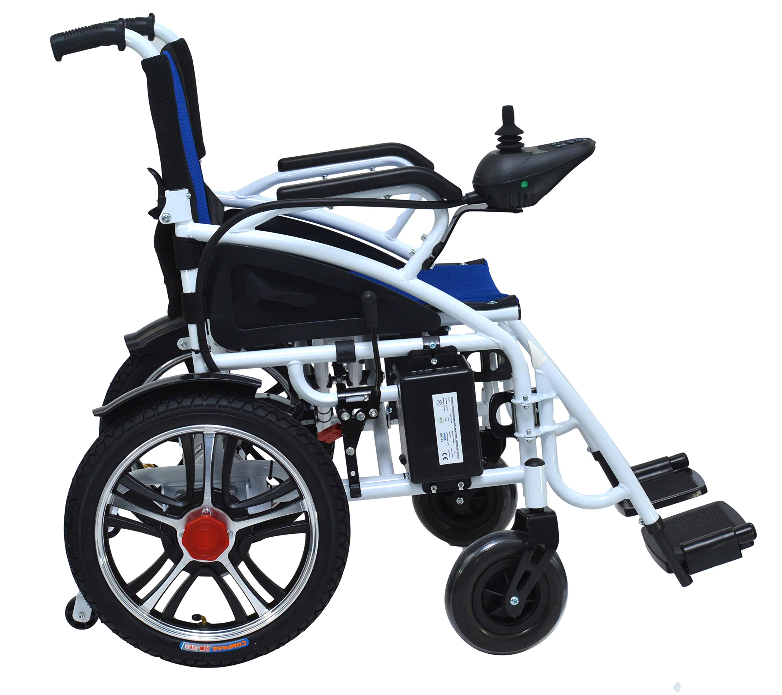 Durable Folding Electric Wheelchair - Portable Motorized Mobility Scooter with Power Transport - Lightweight Foldable Design (Blue-White) - Ideal for Travel, Shopping & Indoor/Outdoor Use