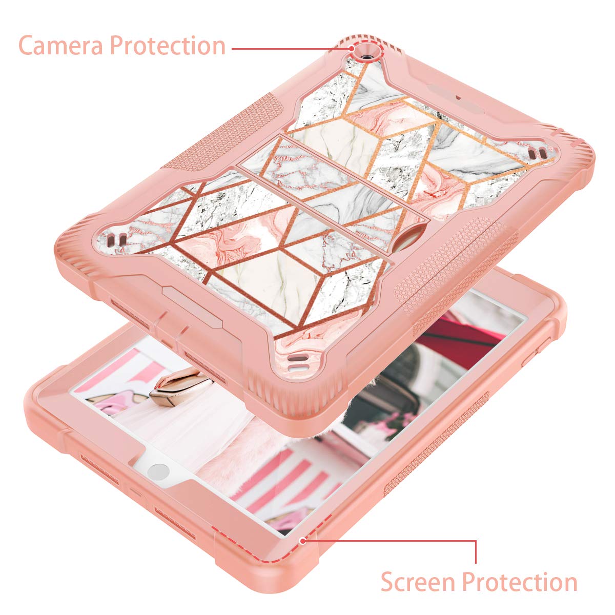 Fingic Marble Rose Gold Glitter iPad 10.2 Case with Kickstand - Shockproof Hybrid Hard PC & Silicone Rugged Bumper Protective Cover for iPad 9th/8th/7th Generation - Perfect for Work, School & Travel