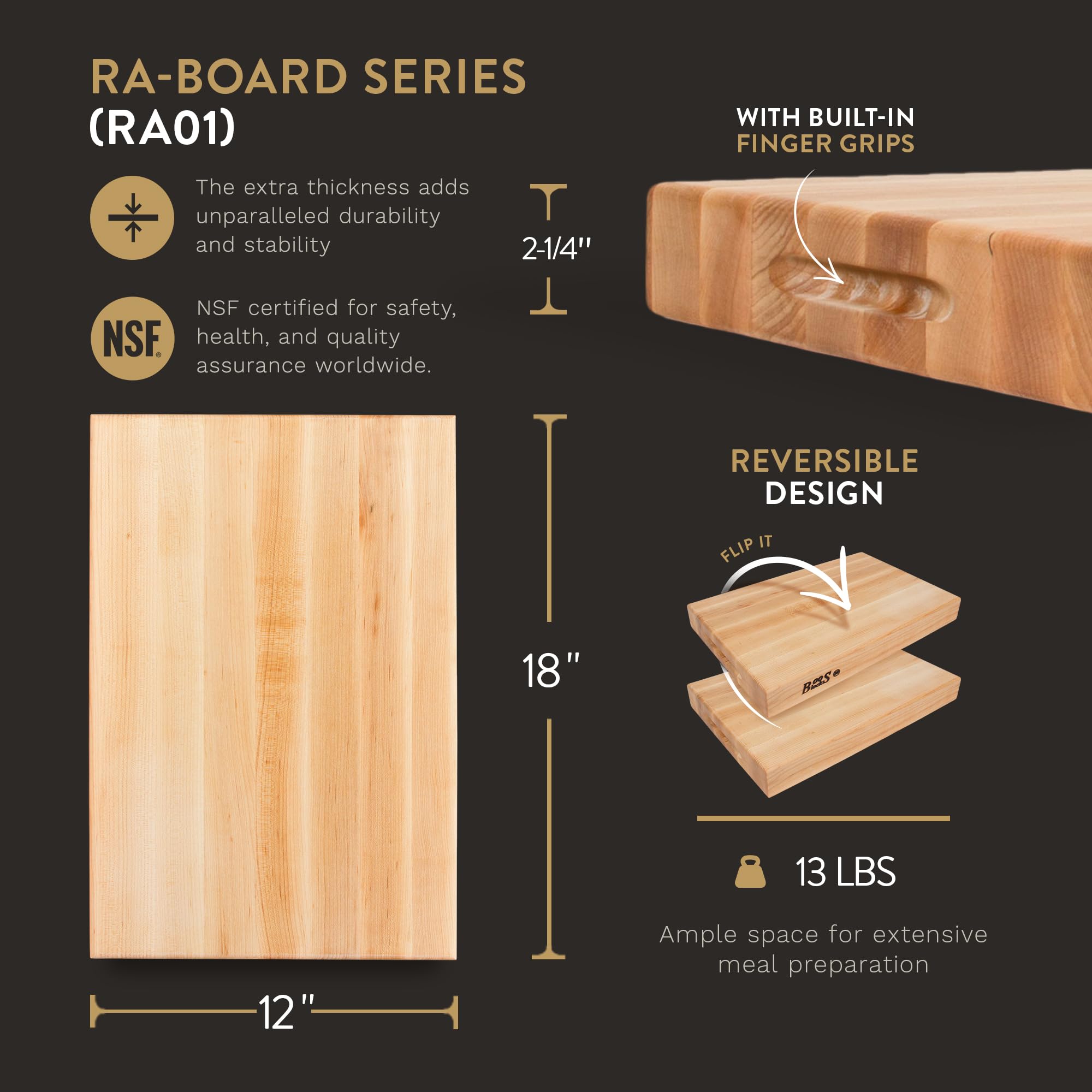 John Boos RA-Board Large Reversible Maple Wood Cutting Board 18x12x2.25 Inches - Perfect for Kitchen, Butcher Block & Food Prep - Durable for Meat, Vegetables & Bread