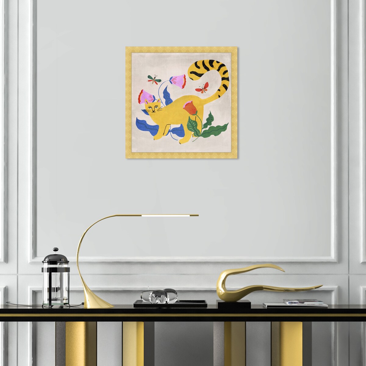Blonde Tabby Floral Kitten Butterfly Garden Modern Yellow Framed Wall Art Print - Home Decor for Bedroom, Living Room & Nursery