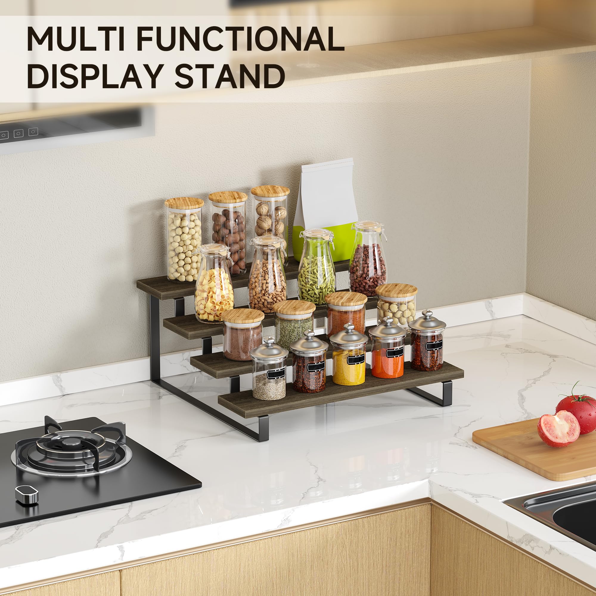 4 Tier Wooden Display Riser Stand - Perfume Organizer, Cupcake Stand, Spice Rack | Decorative Shelf for Bathroom, Kitchen & Retail Display | Perfect for Organizing Perfumes, Spices, Cupcakes & Decorative Items