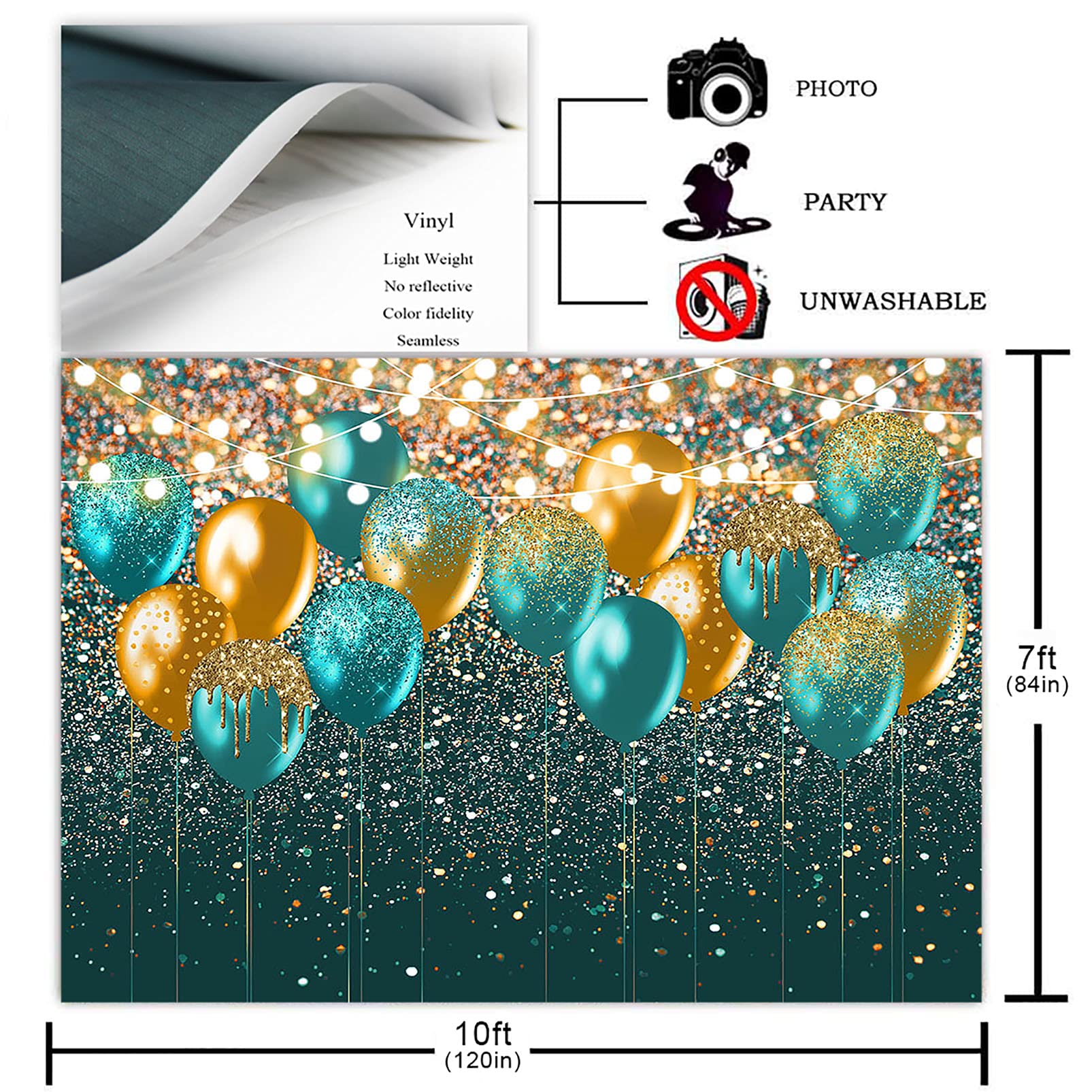 10x7ft Teal and Gold Glitter Balloon Backdrop - Premium Photography Background for Women's Birthday Party, Wedding Decor, Confetti Theme Photoshoot & Photo Booth - Perfect for Baby Showers, Bridal Showers, and Anniversary Celebrations