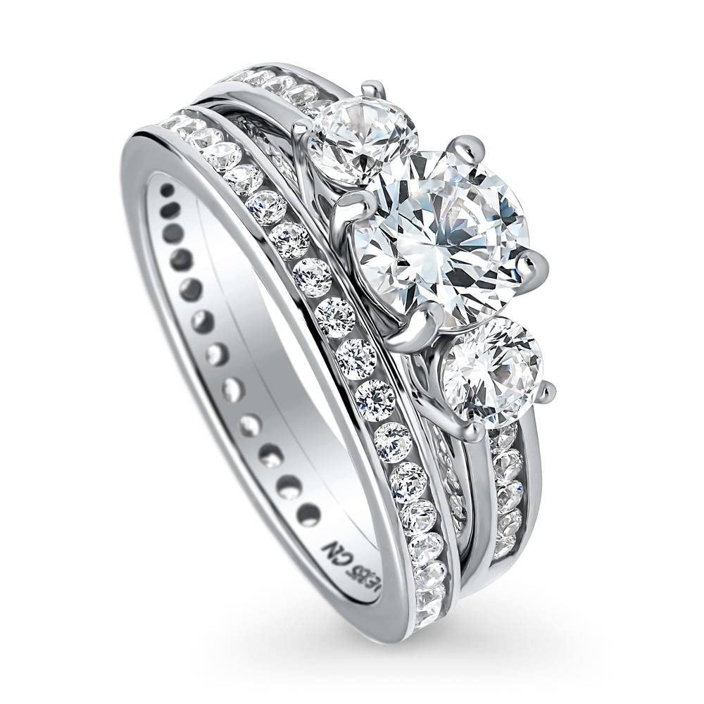 BERRICLE Sterling Silver 3-Stone Wedding & Engagement Ring Set - 1 Carat Round Cut Cubic Zirconia CZ for Women - Rhodium Plated Size 4-10 - Perfect for Proposals, Anniversaries & Special Occasions